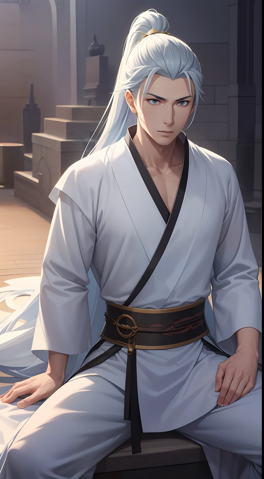 quadratic element,style of anime,mtu(Male Warrior),sit astride,The proportions are correct,Face details,swordsmen,High ponytail hairstyle,Neck details,There is an Adam's apple,White Hanfu,kaftan,clothes details,Handing over,longer sleeves,Game quality,Swordsmanship,Light and shadow tracking,Ray traching,detailed glow,cg render,hair detail,long white hair,blue colored eyes,Handsome,Handsome,(juvenile sense),Clothing is complicated,Perfectcomposition,Refinement,high qulity,higher details,Lots of details,The background is complex,a sense of atmosphere,