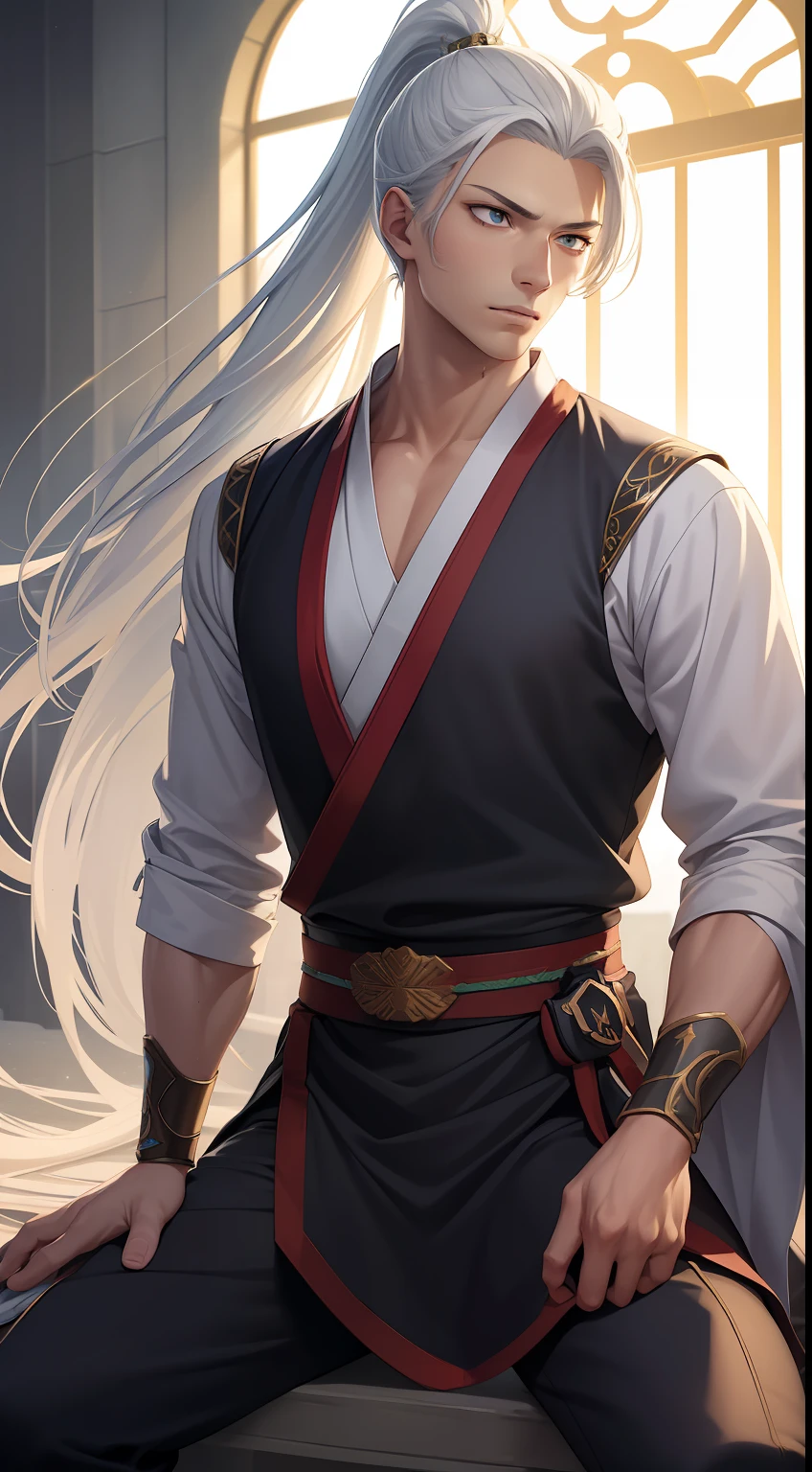 quadratic element,style of anime,mtu(Male Warrior),sit astride,The proportions are correct,Face details,swordsmen,High ponytail hairstyle,Neck details,There is an Adam's apple,White Hanfu,kaftan,clothes details,Handing over,longer sleeves,Game quality,Swordsmanship,Light and shadow tracking,Ray traching,detailed glow,cg render,hair detail,long white hair,blue colored eyes,Handsome,Handsome,(juvenile sense),Clothing is complicated,Perfectcomposition,Refinement,high qulity,higher details,Lots of details,The background is complex,a sense of atmosphere,