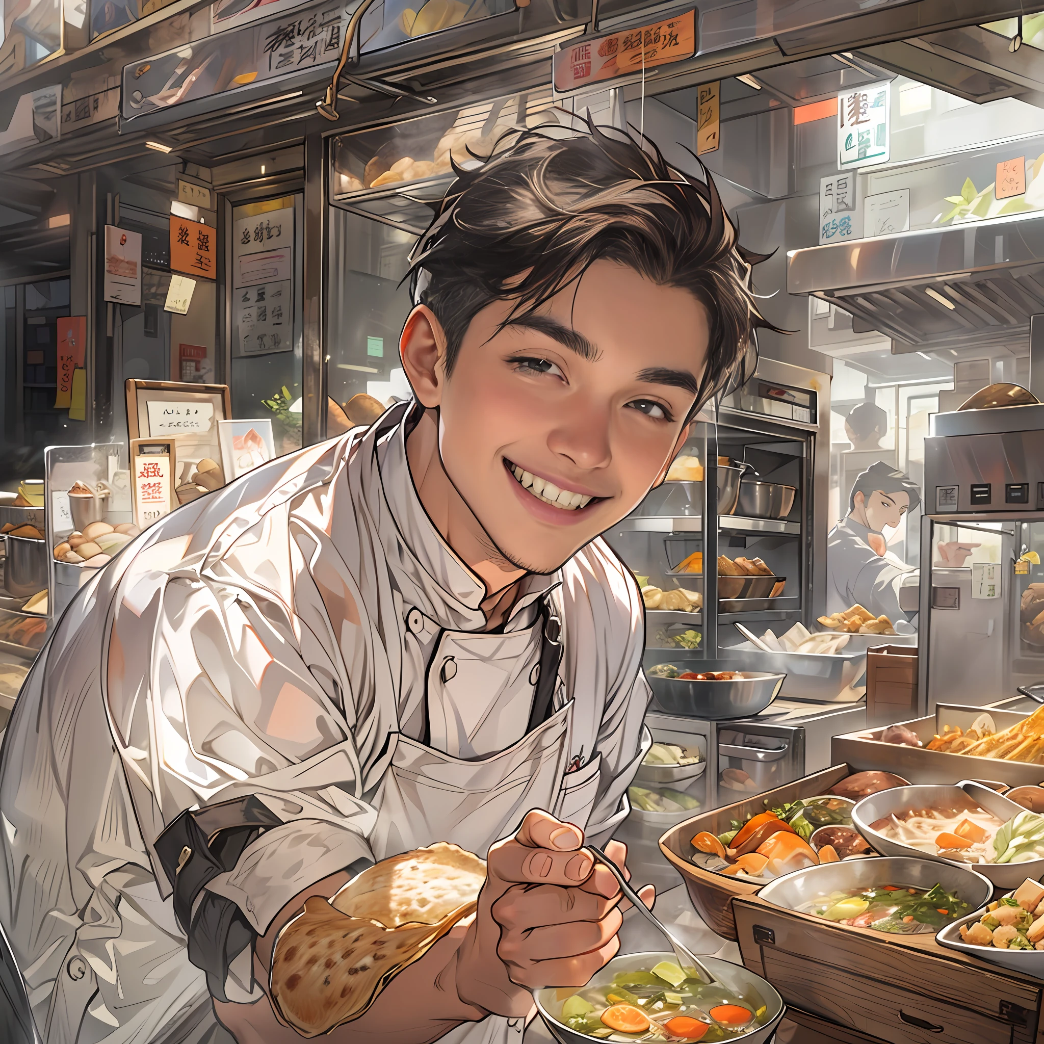 A young handsome male chef stands next to a snack cart，With a smile on his face，Holding a bowl of clear soup in his hand，Detailed close-up of the face，in the style of the stars art group xing xing, 32K, Best quality, Masterpiece, Super detail, High details