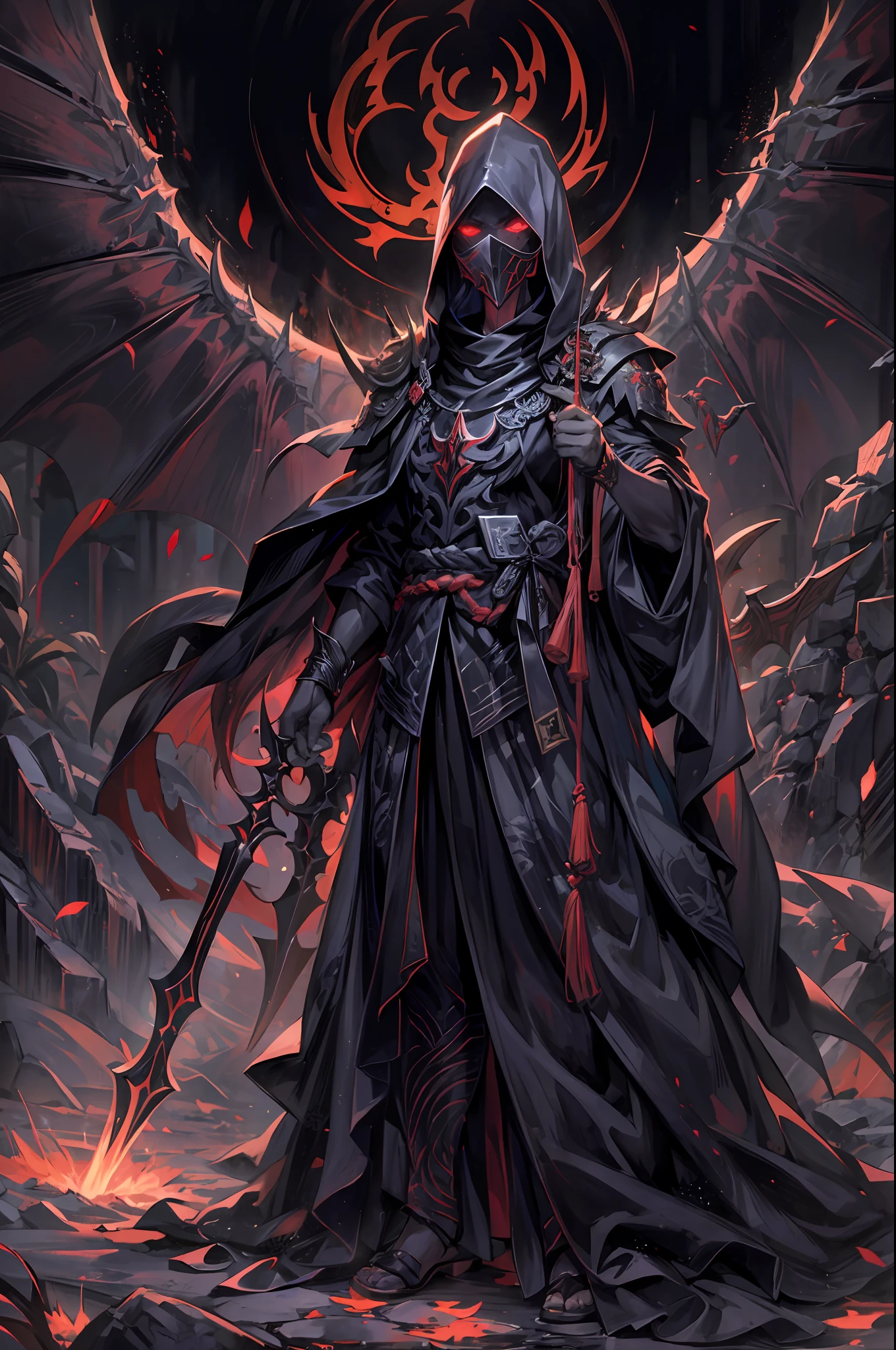 Hellbringers，femele，Dressed in a black robe，Mask carved mysterious pattern，Eyes flashing with cold light，Fingers are long and beautiful，The voice is deep and beautiful，Lead sinful souls to judgment and punishment，Maintain balance and justice in the world。