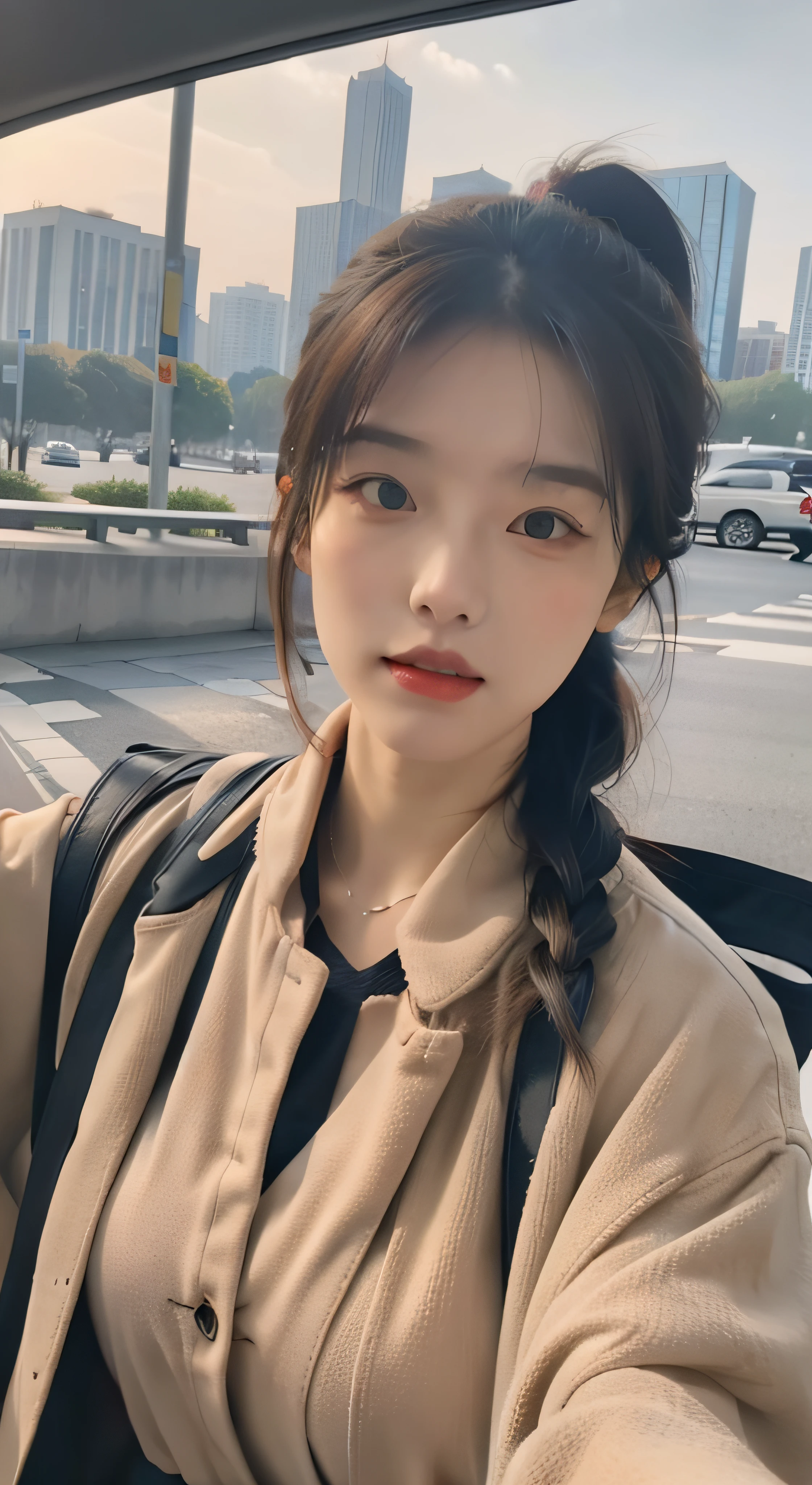 pony tails, Enchanting figure,The eyes are squinted 40 degrees in the lower left corner,smallunderboob, Chunky trench coat,high-necked,sofe,Mature woman, A haughty expression,Flaming red lips,二重まぶた,tall nose bridge,Enchanting figure, hyper HD, Super detail, High details, High quality, Best quality,