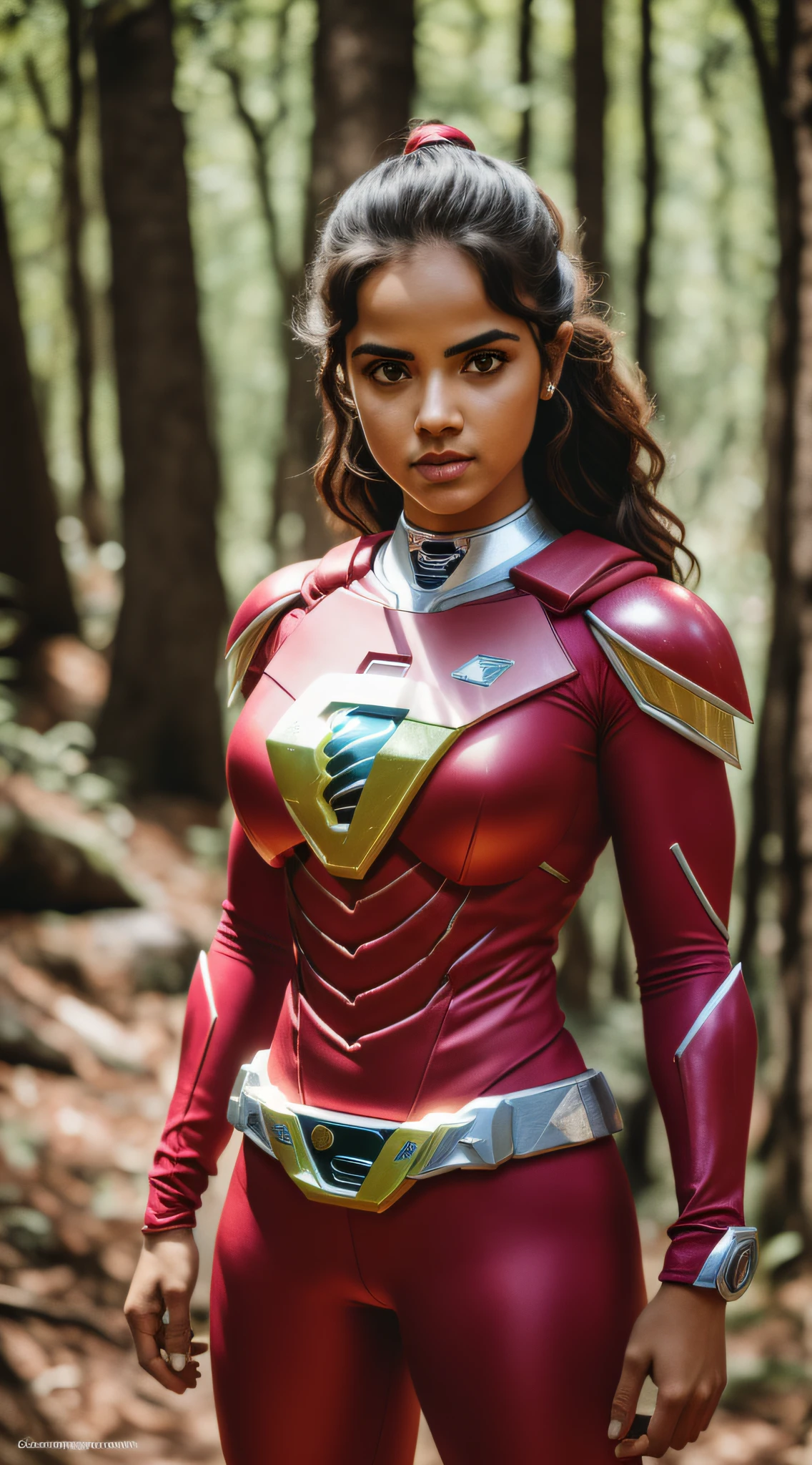 Uma mulher, ((Power ranger rosa)), (inspirada em Hunter Deno:1.2), 8k UHD, DSLR, grain of film, fotorrealista, foco nítido, posing for camera, foto de corpo inteiro.