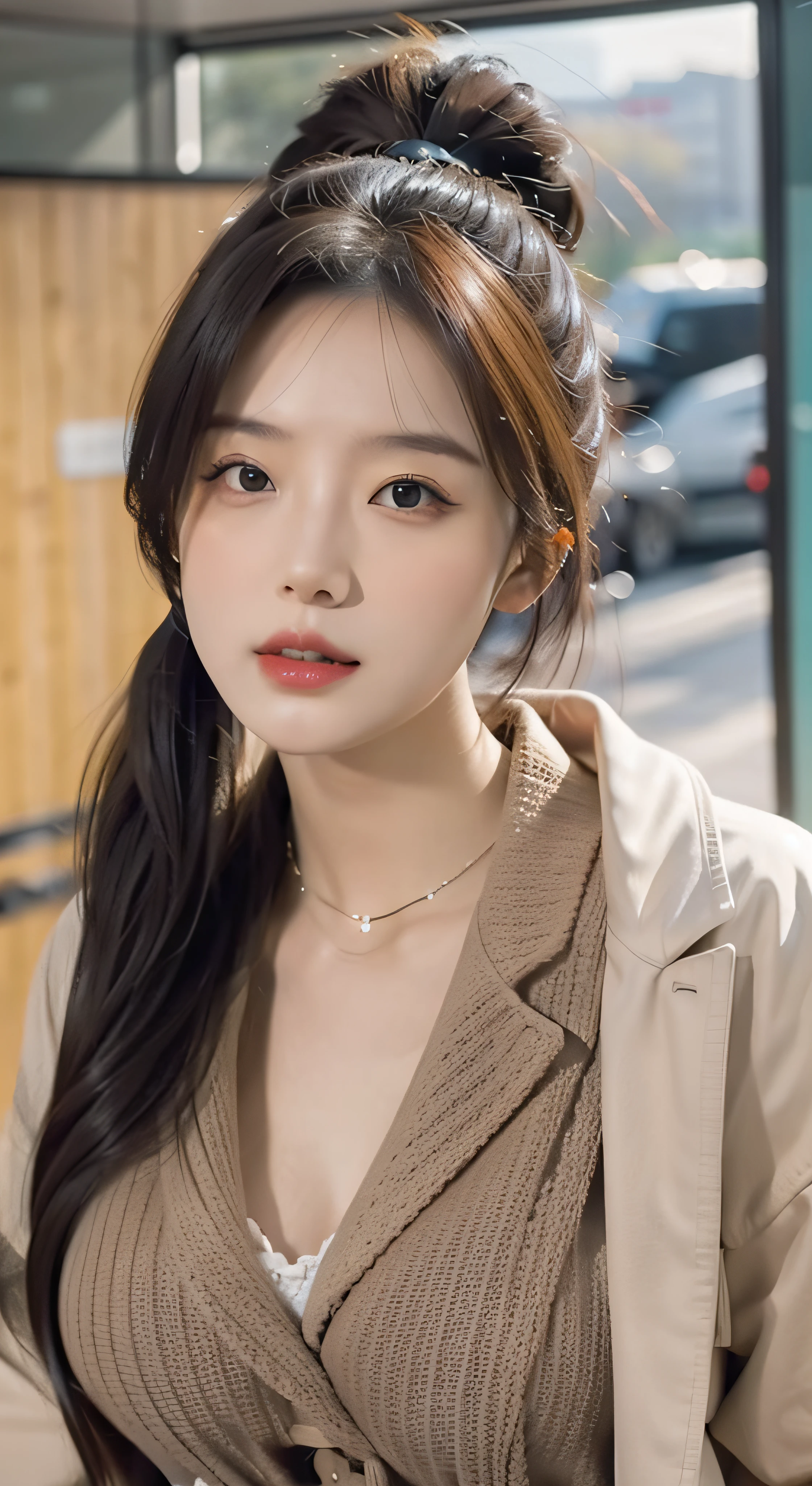 pony tails, Enchanting figure,The eyes are squinted 40 degrees in the lower left corner,smallunderboob, Chunky trench coat,high-necked,sofe,Mature woman, A haughty expression,Flaming red lips,二重まぶた,tall nose bridge,Enchanting figure, hyper HD, Super detail, High details, High quality, Best quality,