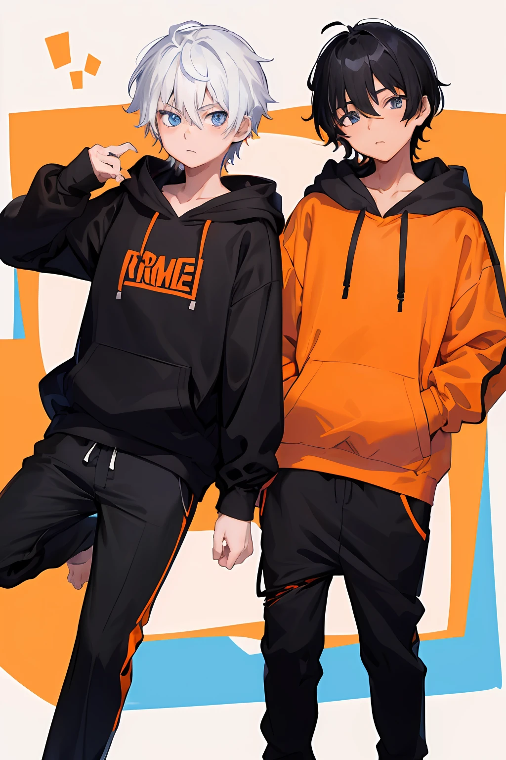 (1 boy with black hair hoodie orange) , (1 boy with white hair black hoodie, blue eyes) both black pants, classroom