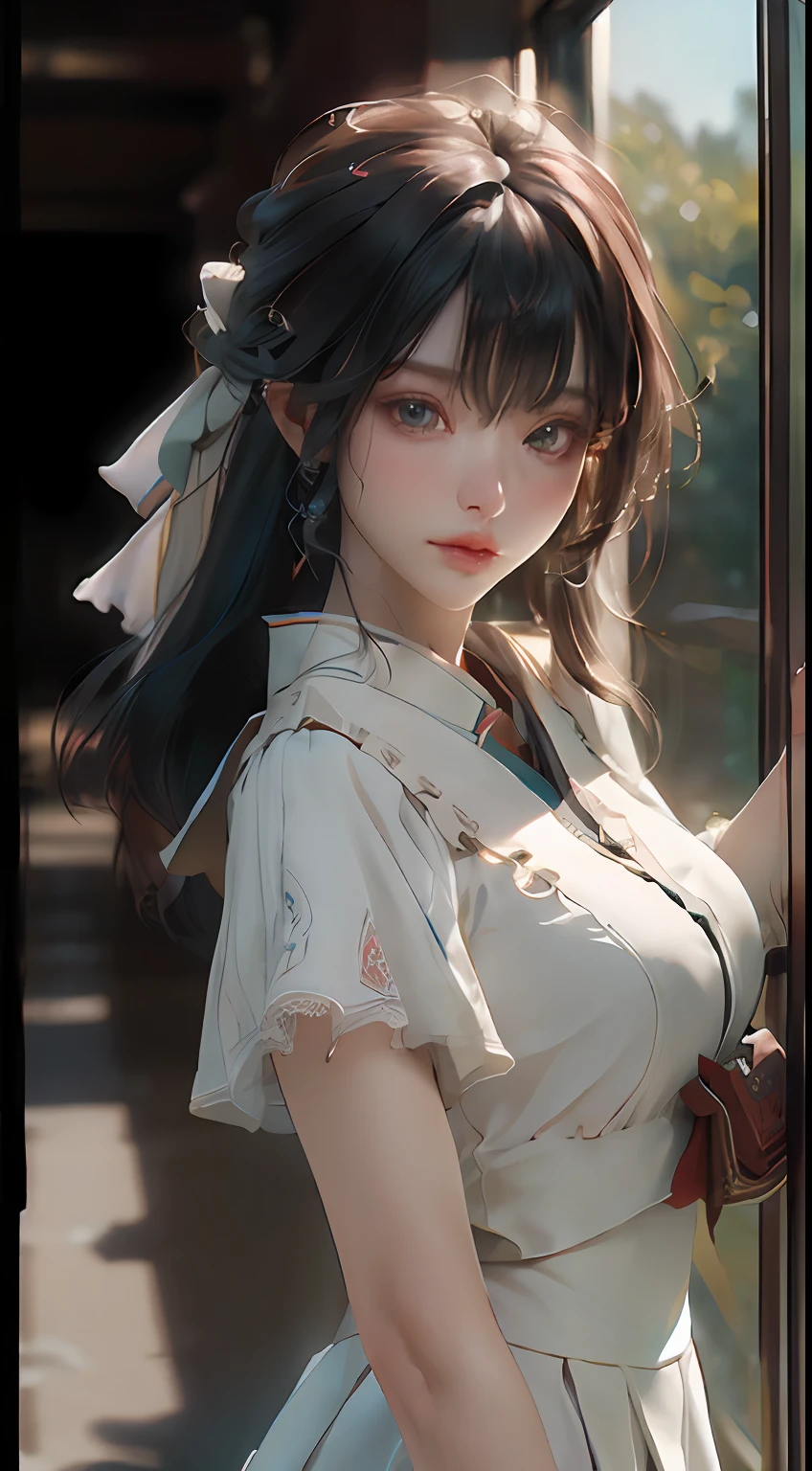 ((best qualtiy)), ((tmasterpiece)), (the detail:1.4), 3D,HDR(HighDynamicRange),Ray traching,NVIDIA RTX,Super-Resolution,Unreal 5,Subsurface scattering、PBR Texture、post-proces、Anisotropy Filtering、depth of fields、maximum definition and sharpness、Many-Layer Textures、Albedo e mapas Speculares、Surface Coloring、Accurate simulation of light-material interactions、perfectly proportions、Octane Render、Two-colored light、largeaperture、Low ISO、White balance、the rule of thirds、8K RAW,dual horsetail,JK school uniform,White stockings,exquisite facial features,urban backdrop