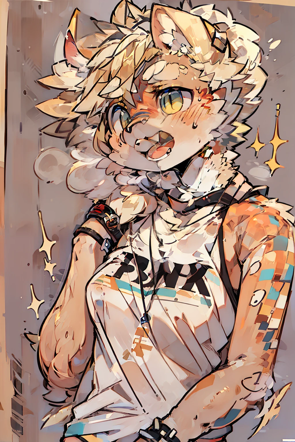 (1girl), medium breasts, tan, dewy skin, sweaty skin, wavy blonde hair, punk tshirt, punk girl