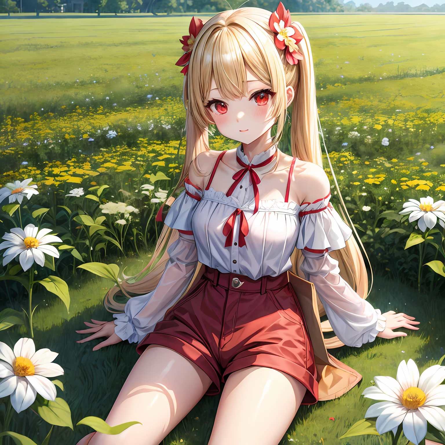 a blond、poneyTail、red eyes、One pretty girl、独奏、animesque、off shoulders、shortpants、flower  field