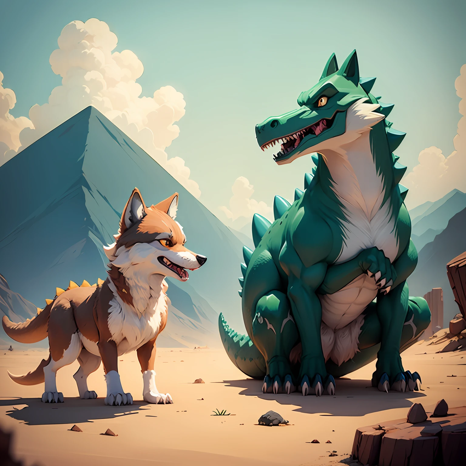 Wolf and dinosaur cartoon cute fresh art style --auto