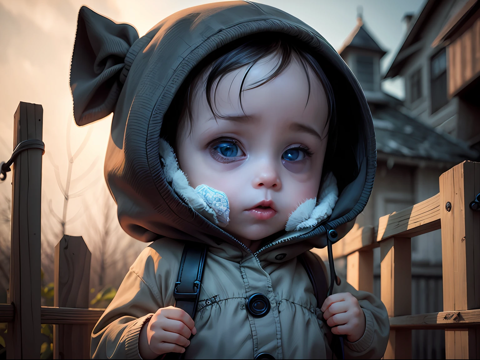 Generate a chilling photograph of a baby with haunting eyes --auto