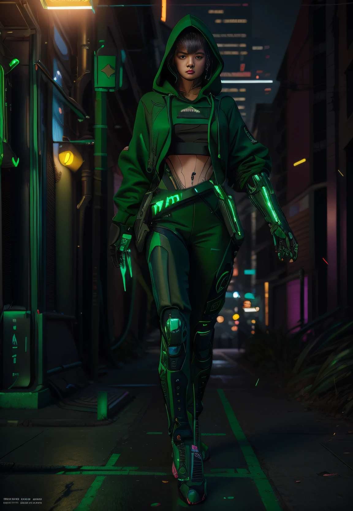 （tmasterpiece，full body shot of，intricate raw photography）Cyberpunk citizen，Comfortable oversized green hoodie，Black cargo pants，Green clothes，deep colour， iintricate， A futuristic， advanced technologies， ambiente dark， dramatics， Light， cinematic ligh， Action movies， Sharpness， random relaxed position， cyber punk city， the street lights， a darkness street， natta， Insta photo， photo of the year， rendering by octane， substance， Maya 3D， cinema4d， trends in art station， Devian Art Trend，