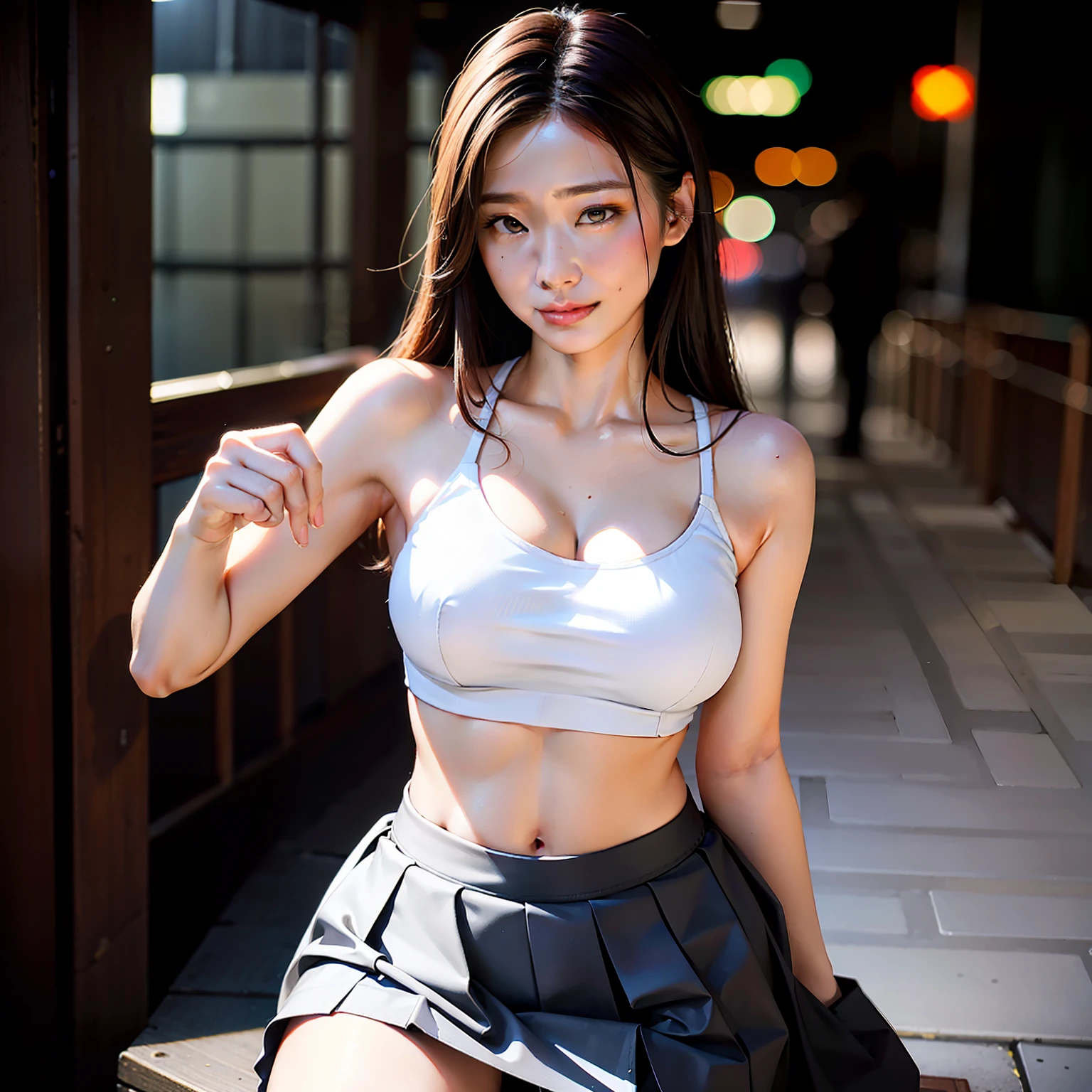 Photorealistic, Photography, RAW photo, A Korean beauty，Extra-long legs，stocklings，Superskirt，pleatedskirt，Flowing skirt，plumw，upper legs，Large breasts，Leaky belly button，Shabby skinny knit top，Leaky shoulders，body line，Dimly lit alleys，Neon night，with smile（1.2），seductiv