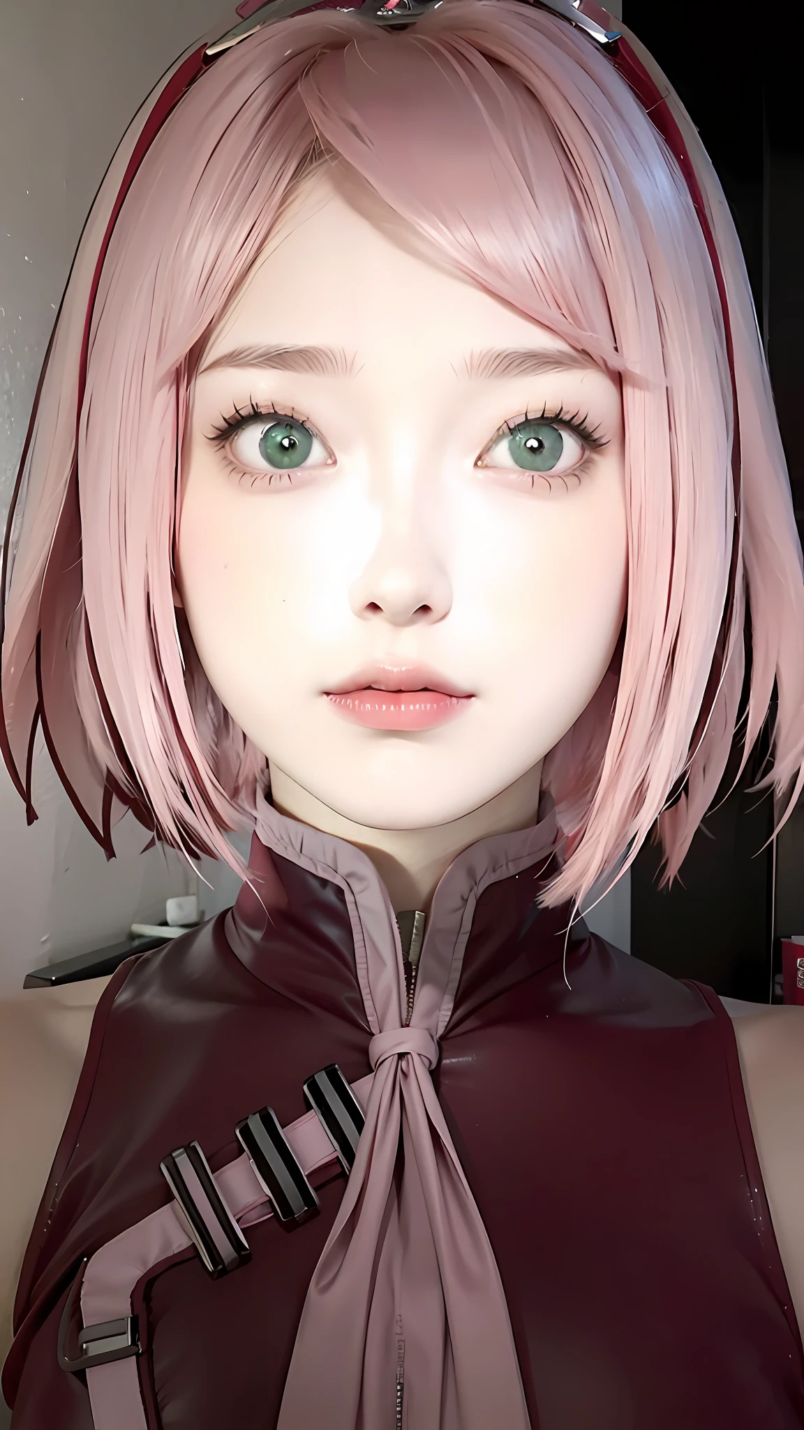 1girl, haruno sakura, pink hair, green eyes, short hair, red clothes, big breasts, realistic, ultra detail, indoor background