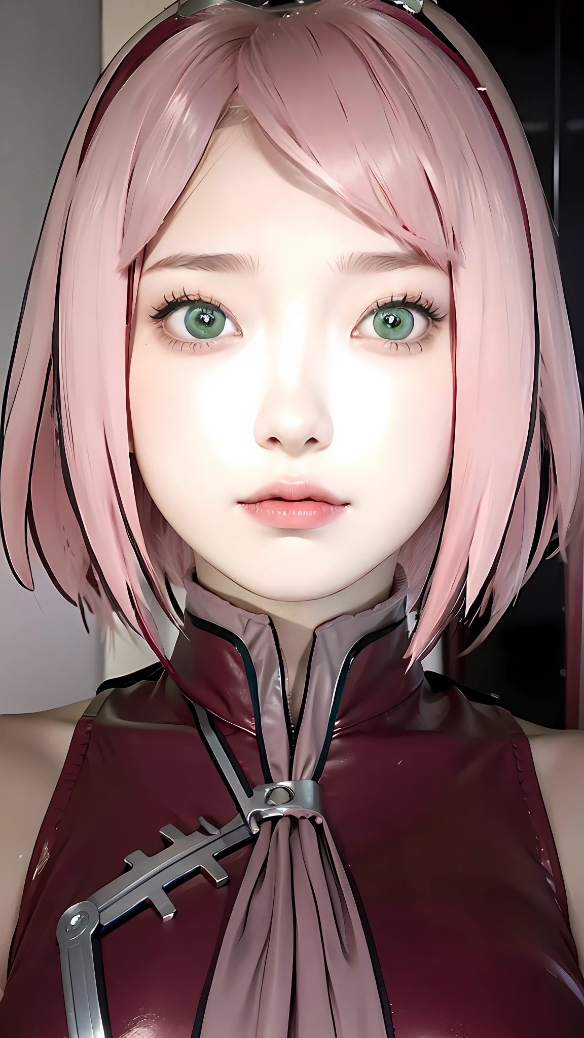 1girl, haruno sakura, pink hair, green eyes, short hair, red clothes, big breasts, realistic, ultra detail, indoor background