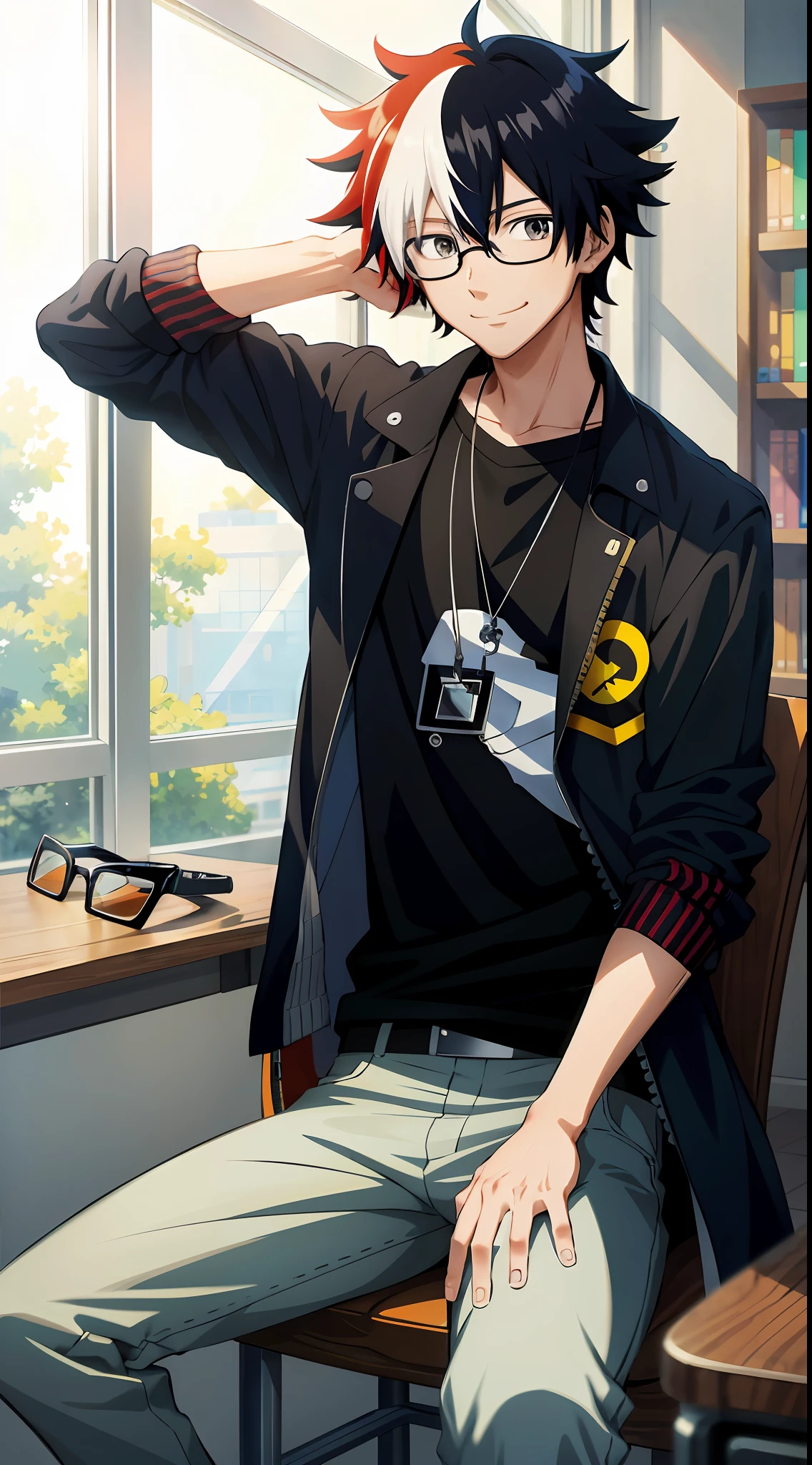 1man, Anime boy, multicolored hair, straight hair, black shirt, jacket, looking at the camera, glasses, inspired by makoto shinkai, makoto shinkai style artwork, drawn in Anime Painter Studio, sit, library, looking at viewer, curly, smile, sunray, vivid