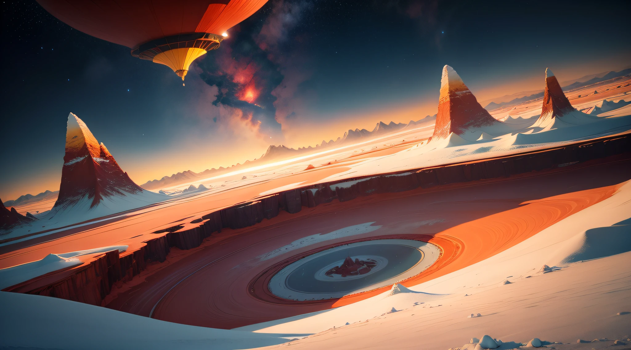 vast expanse of ice, odd red mountains on the background, a still yellow lake with strange hovering structures and starry sky with a nebula and three moons
