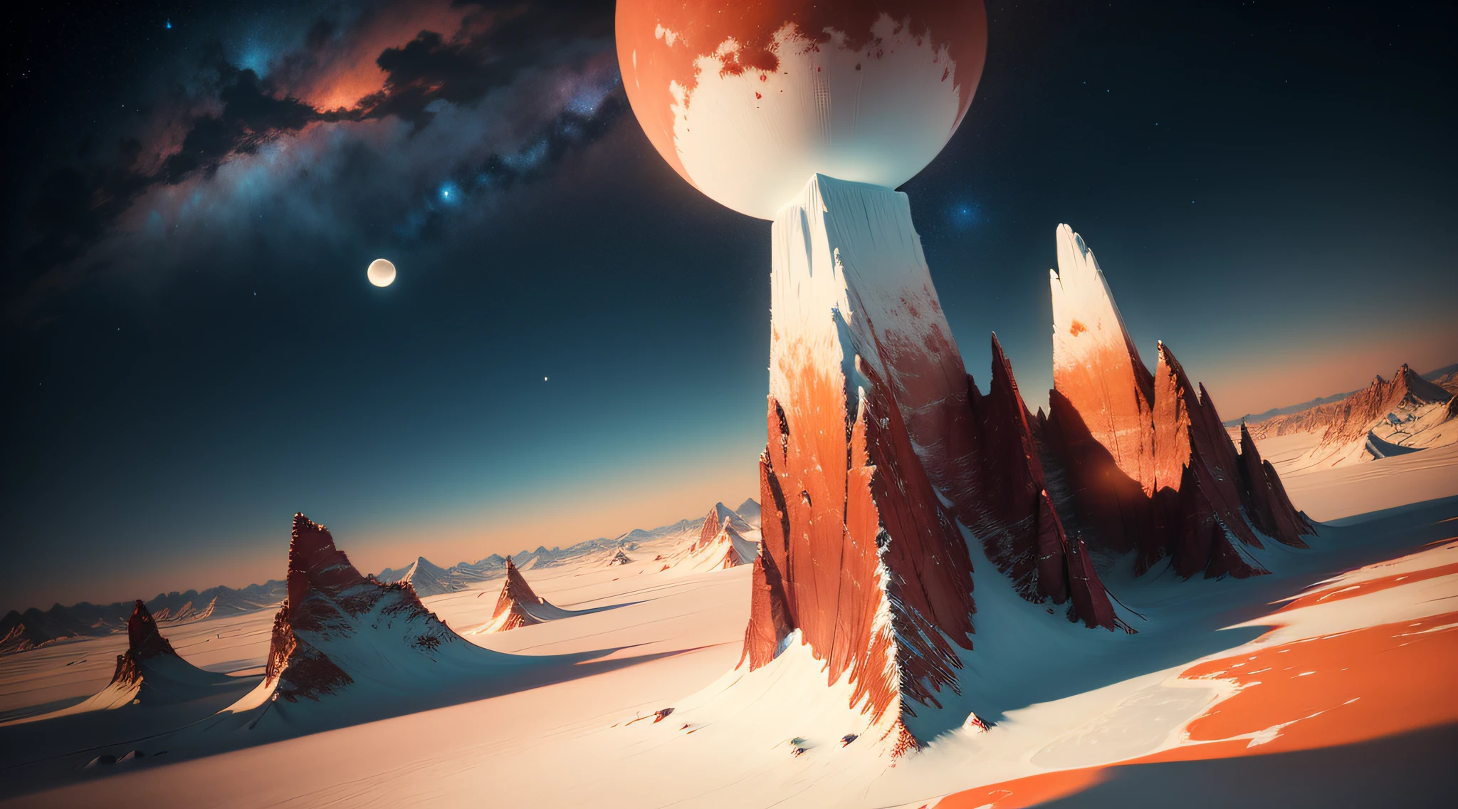 vast expanse of ice, odd red mountains on the background, a still yellow lake with strange hovering structures and starry sky with a nebula and three moons