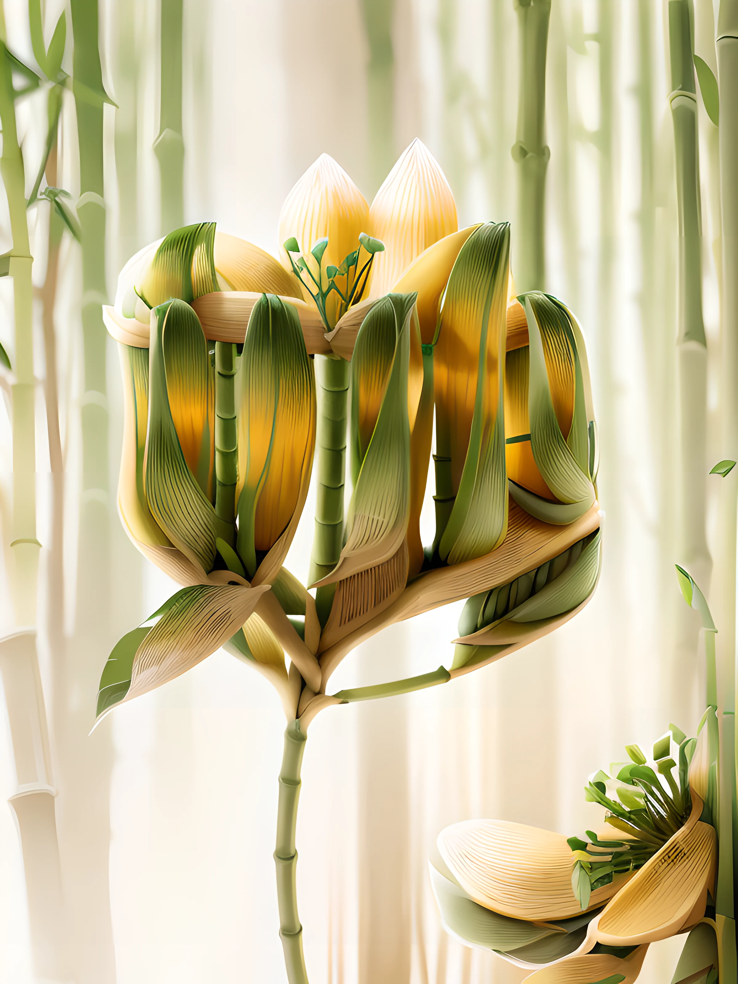 ((bamboos)),In a blooming bamboo forest(Fresh and energetic), Bamboo,Bamboo,Strong texture of the background,high-quality picture, natural style,((Masterpiece)),((Best quality)), 8K, high detal,Ultra-detailed,tradit,Beautiful
