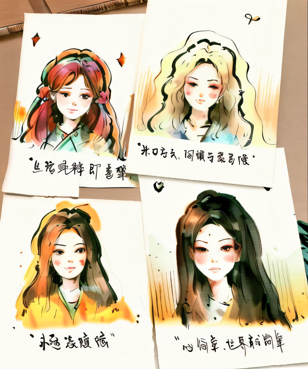 Four paintings of women with long hair and smiling, chinese brush pen illustration, high quality of sketching, Facial graffiti, Small portrait, Inspired by Huang Ji, inspired by Wu Shixian, hand painted cartoon art style, different expression, chinese brush pen, different women's faces, Well-painted faces, inspired by Cheng Jiasui