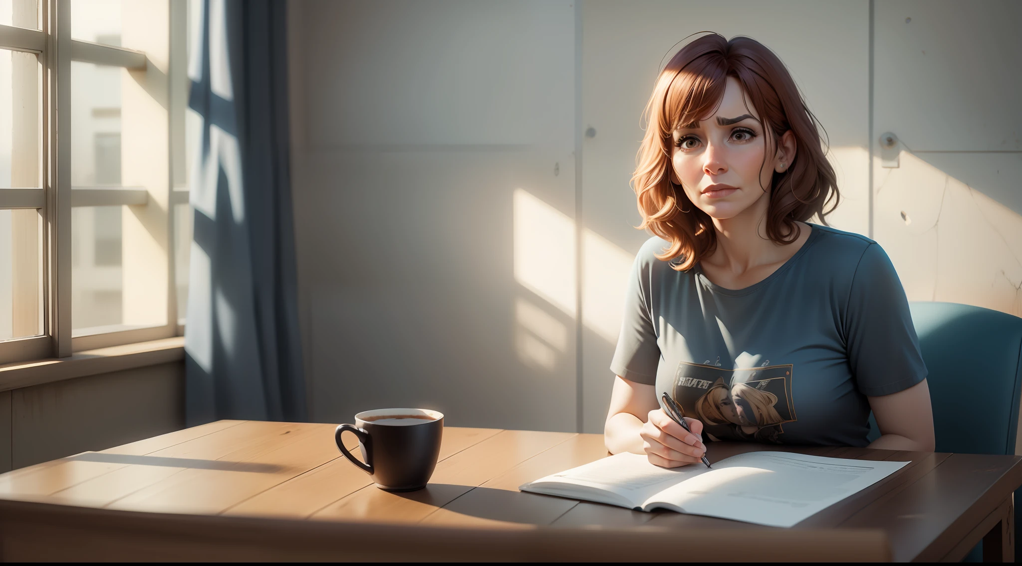 Imagem de Kari Byron com 54 anos, olhar triste, tired face, pele realista, olheiras marcadas, Face with marked frown lines, semblante chorando, vestindo uma camiseta preta com estampa, dark jeans, (100% cabelos marrons), sentado em uma cadeira, scenecy: room of an office, Realistic texture, alta qualidade, imagem frontal, luz natural, dia,
