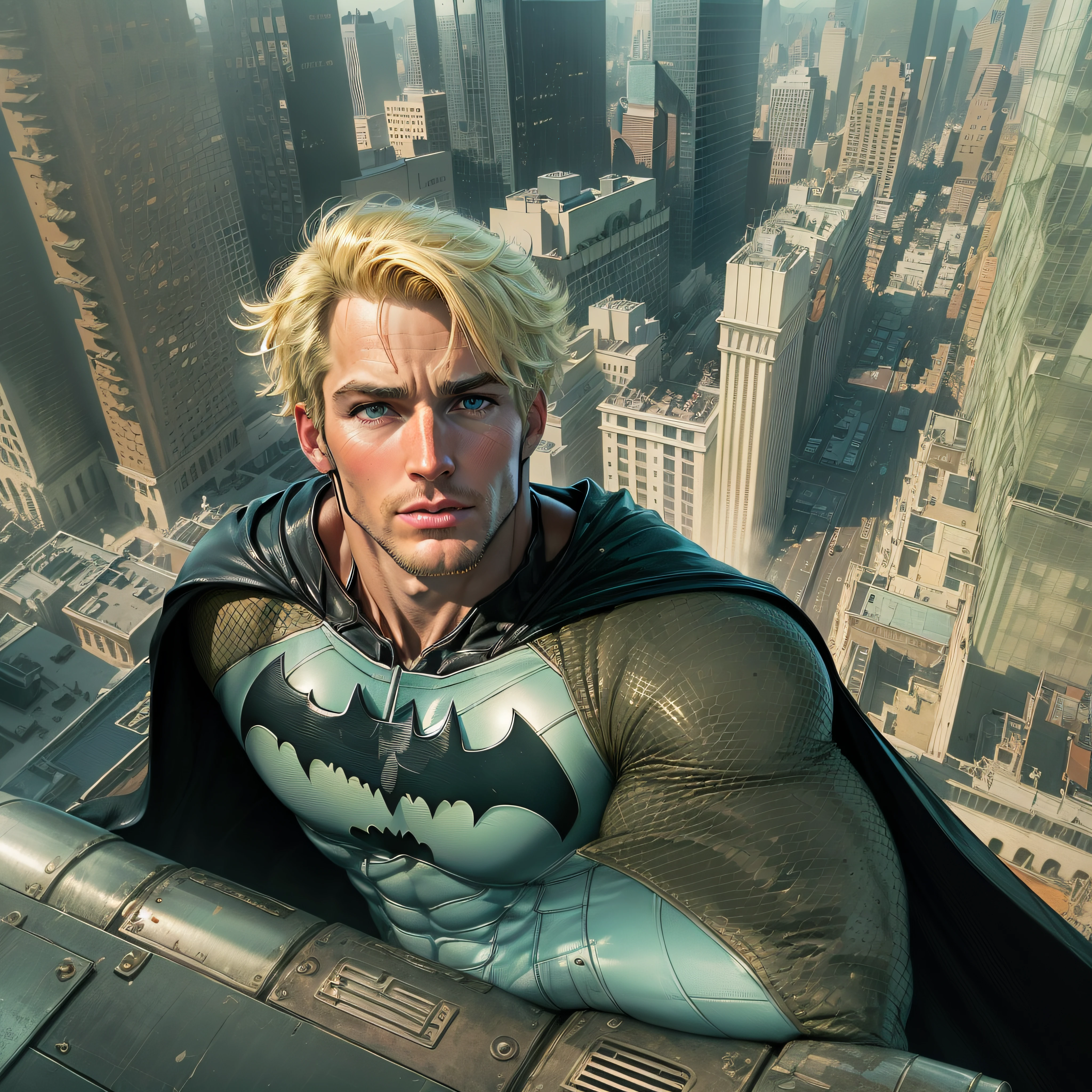 high quality, 1man, (((handsome blonde american Ken as Batman dilf))), (((blue eyes))) (((on the top of a building))) (((no facial hair)))