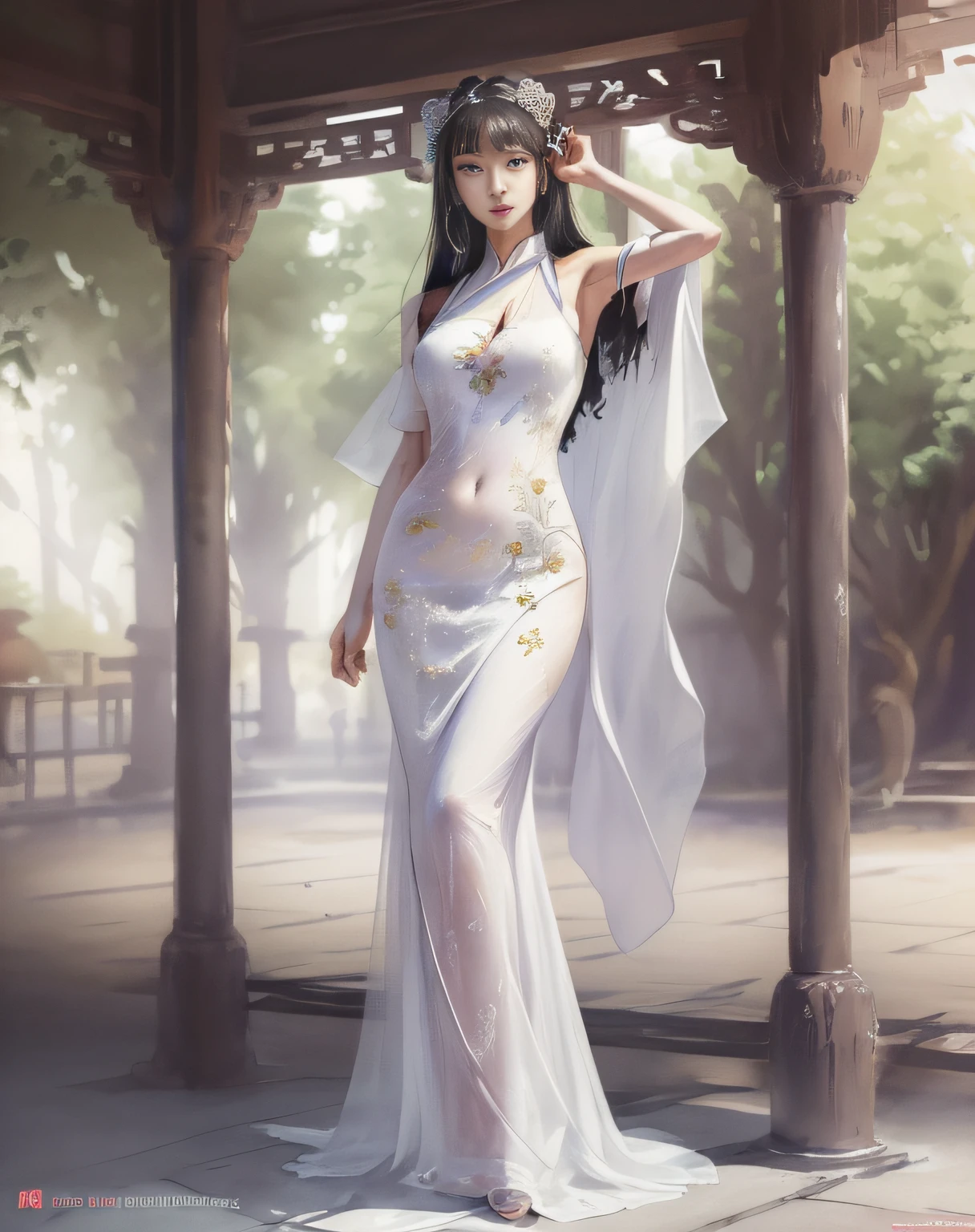 (masterpiece, best quality, beautiful modelshoot:1.4) of a stunning 25yo chinese 1girl, (full body view:1.6), (seductive pose:1.2), breasts:1.2, (armpits focus:1.5), solo:1.5, navel, long black hair, sidebangs, bare shoulders, (perfect face, perfect eyes, insanely beautiful face, perfect hands, beautiful fingers:1.5), (happy smile:1.2), hanfu, (looking at viewer:1.6), busy street, shops, people, trees, colorful, highly detailed, ultra realistic, deep field of depth, (sharp focus:1.6), insanely intricate, 8k, tachi-e, (white background:1.6), full body