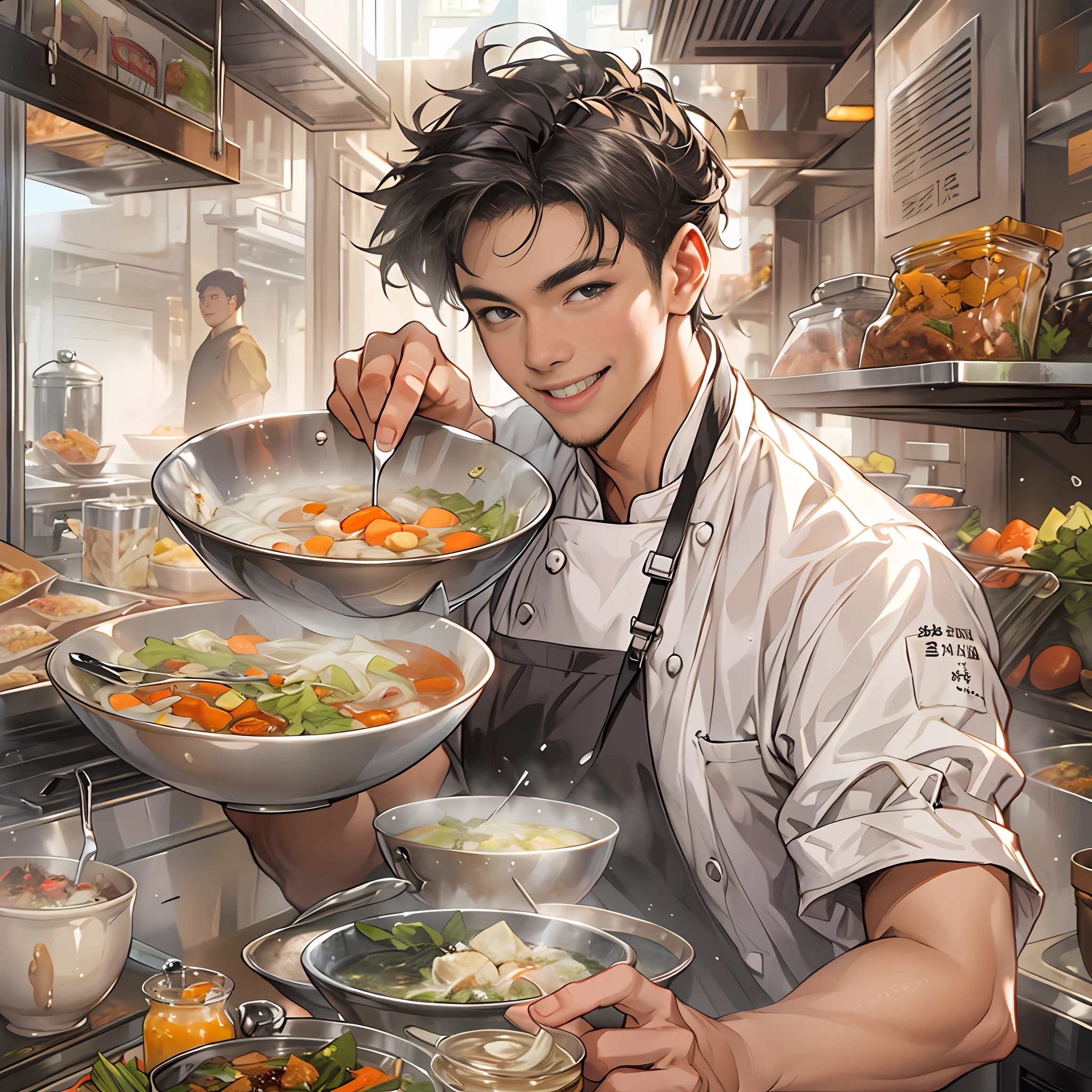 A young handsome male chef stands next to a snack cart,With a smile on his face,Holding a bowl of clear soup in his hand,Detailed close-up of the face,in the style of the stars art group xing xing, 32K, Best quality, Masterpiece, Super detail, High details