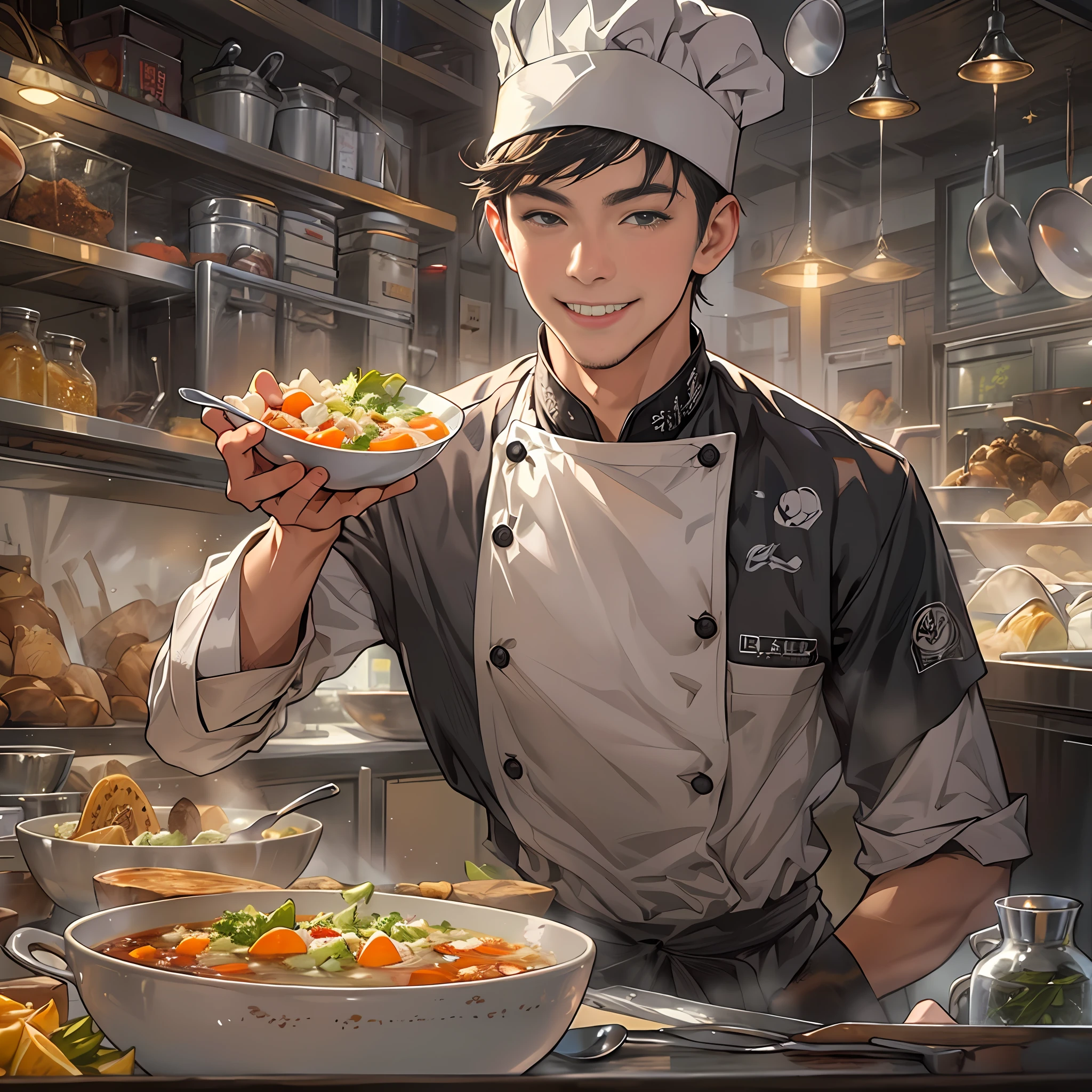 A young handsome male chef stands next to a snack cart，With a smile on his face，Holding a bowl of clear soup in his hand，Detailed close-up of the face，in the style of the stars art group xing xing, 32K, Best quality, Masterpiece, Super detail, High details