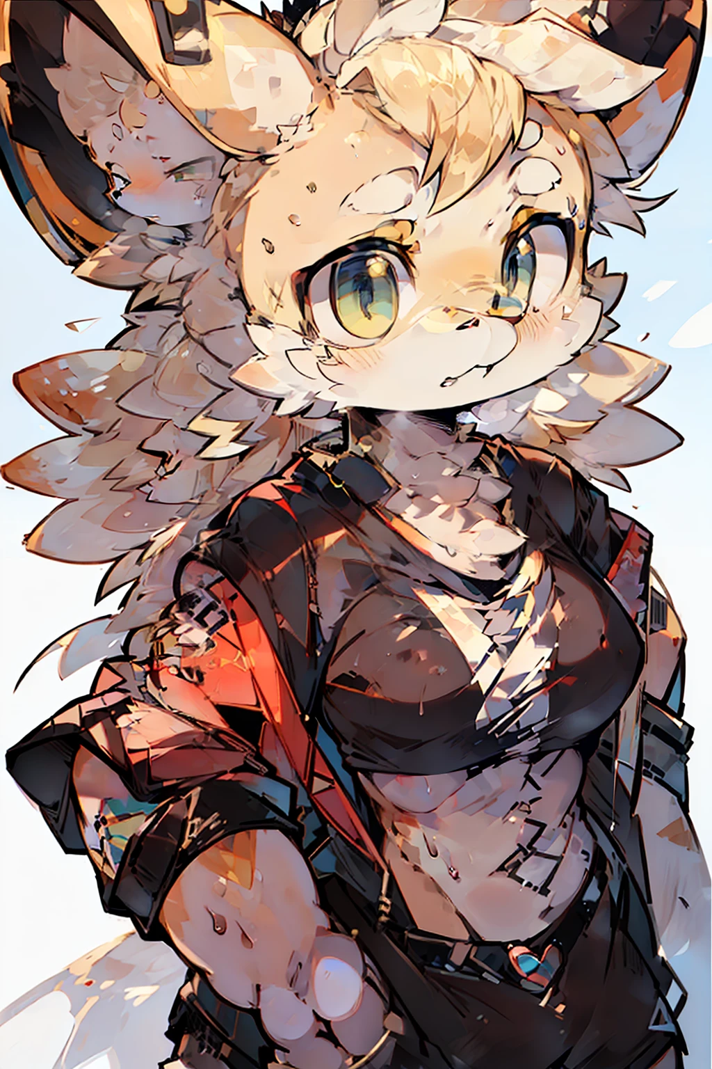 (1girl), medium breasts, tan, dewy skin, sweaty skin, wavy blonde hair, punk tshirt, punk girl