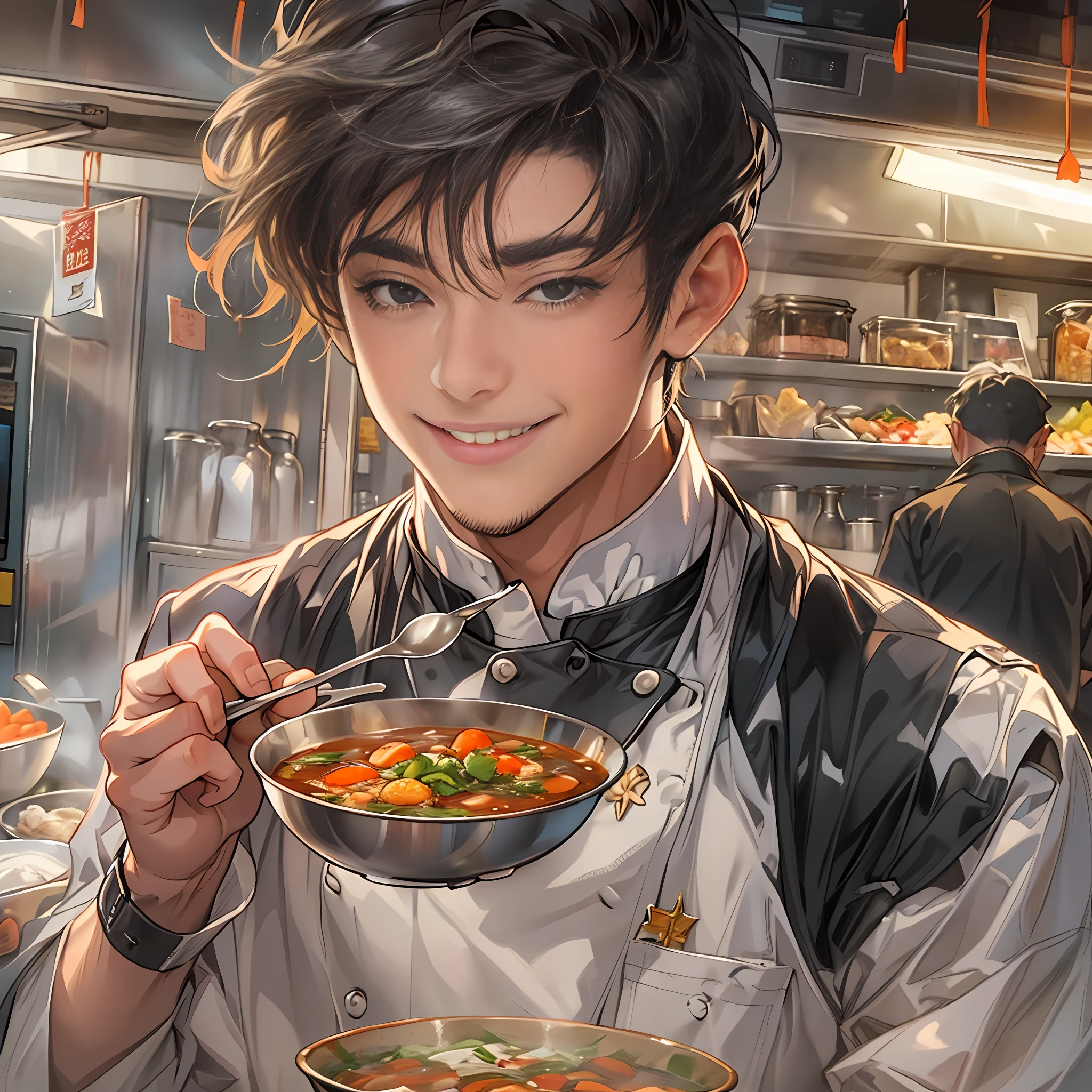 A young handsome male chef stands next to a snack cart,With a smile on his face,Holding a bowl of clear soup in his hand,Detailed close-up of the face,in the style of the stars art group xing xing, 32K, Best quality, Masterpiece, Super detail, High details