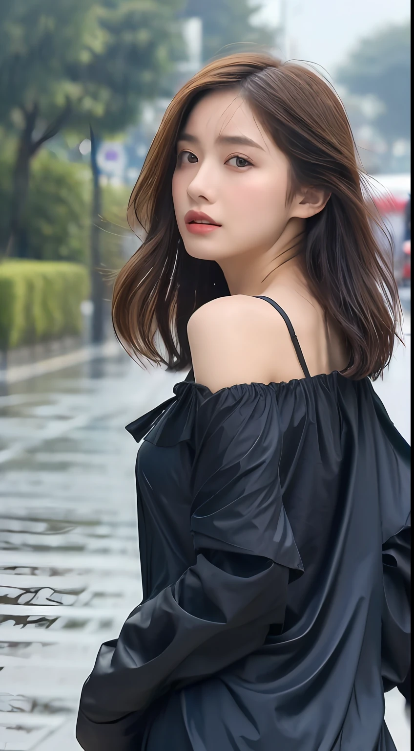 ((Best Quality, 8k, Masterpiece:1.3)), Focus:1.2, Perfect Body Beauty:1.4, Buttocks:1.2, (Layered Haircut, Breasts:1.2)), (Wet Clothes:1.1) , (Rain, Street:1.3), Bandeau Dress: 1.1, Highly Detailed Face and Skin Texture, Detailed Eyes, Double Eyelids, Whitened Skin, Long Blue Hair, Umbrella in the Rain