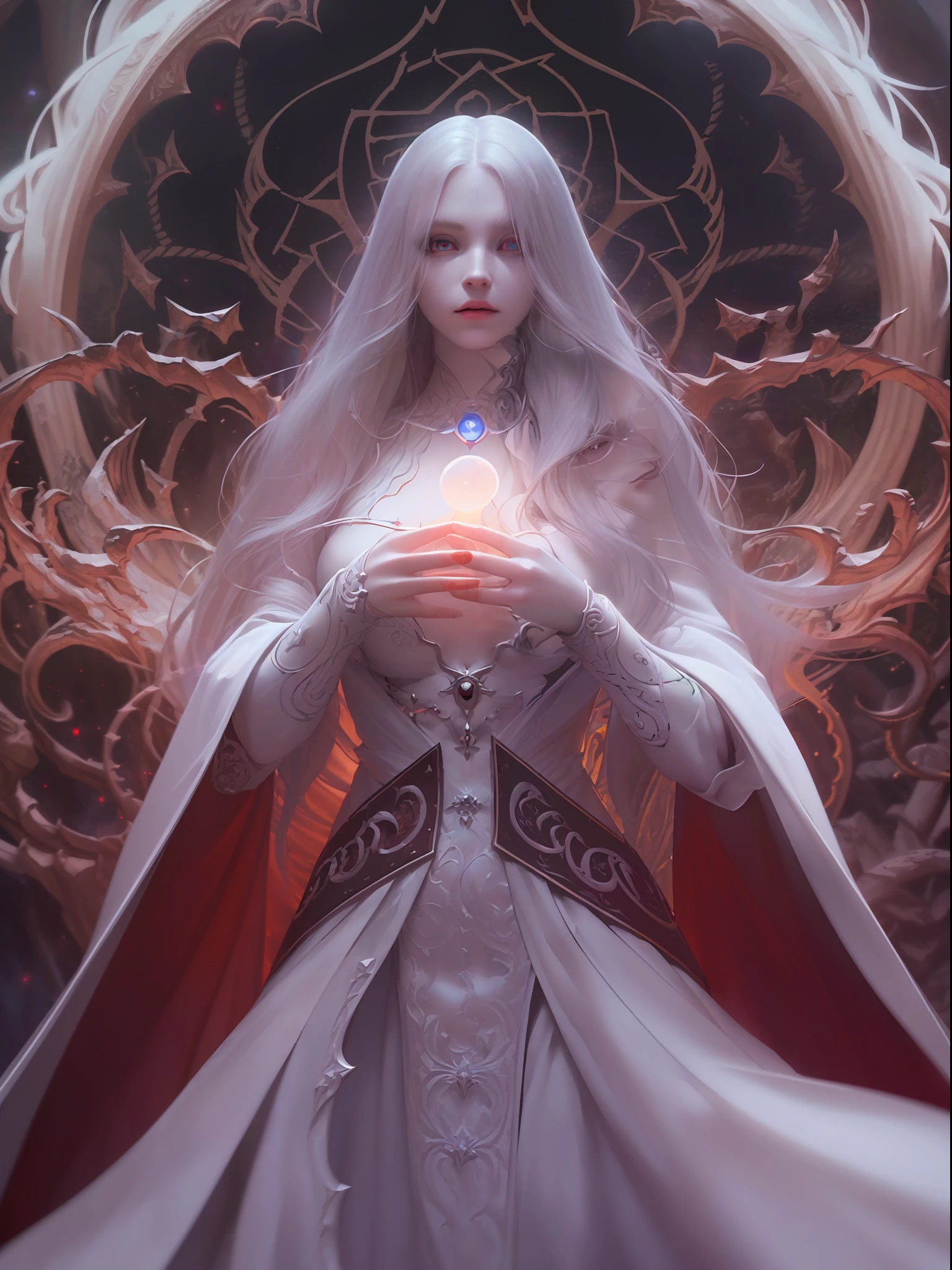 high details, best quality, 8k, [ultra detailed], masterpiece, best quality, (extremely detailed), dynamic angle, ultra wide shot, photorealistic, fantasy art, dnd art, dark fantasy art, realistic art, an ultra wide picture of a female human (1.5 intricate details, Masterpiece, best quality) godess of death ((pale white magical aura)), controlling a swirling magic (1.5 intense details, Masterpiece, best quality), manipulating [[magical sigils]] (1.5 intricate details, Masterpiece, best quality), human female, black  hair, pale skin,  long hair with pale white aura, hair with pale touch, white eyes, pale eyes, intense eyes,  ((glowing eyes)), black dress (intense details, Masterpiece, best quality: 1.5), red cloak (intense details, Masterpiece, best quality: 1.5), fantasy dark temple background, ((death worship atmosphere)), high details, best quality, highres, ultra wide angle