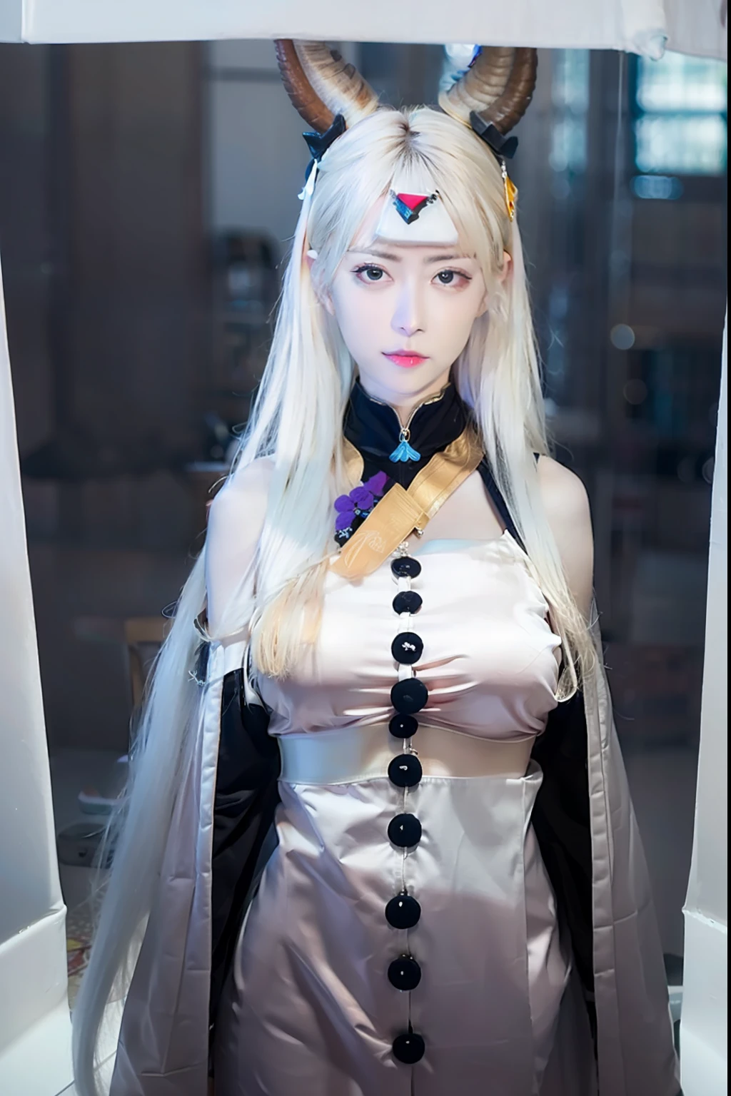 KAGUYA, 1GIRL, LONG HAIR, HORNS, PALE SKIN:1.4, MASTERPIECE, BEST QUALITY, ultra hd , realistic, ultra detail, 70mm lens , cute girl