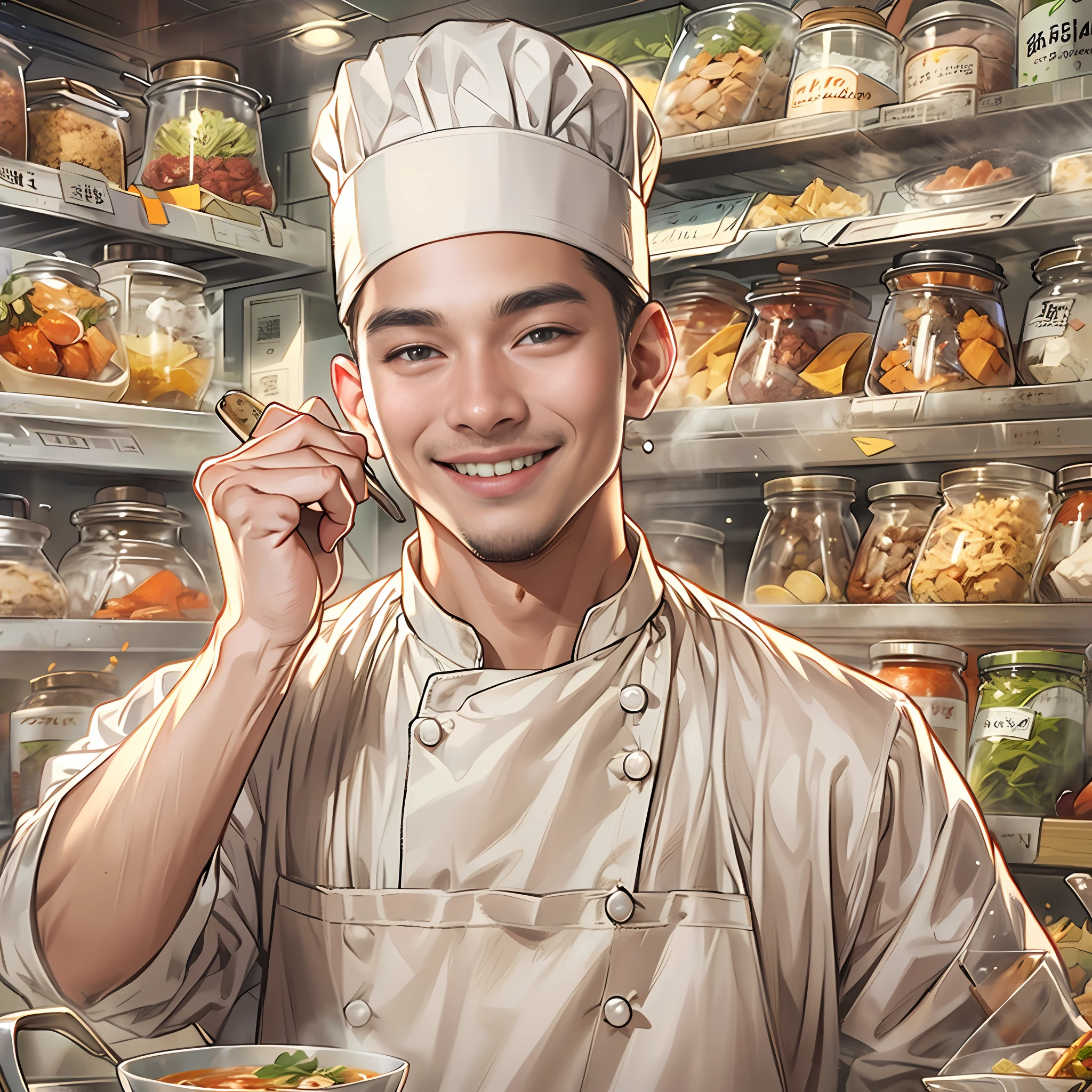 A young handsome male chef stands next to a snack cart,With a smile on his face,Holding a bowl of clear soup in his hand,Detailed close-up of the face,in the style of the stars art group xing xing, 32K, Best quality, Masterpiece, Super detail, High details