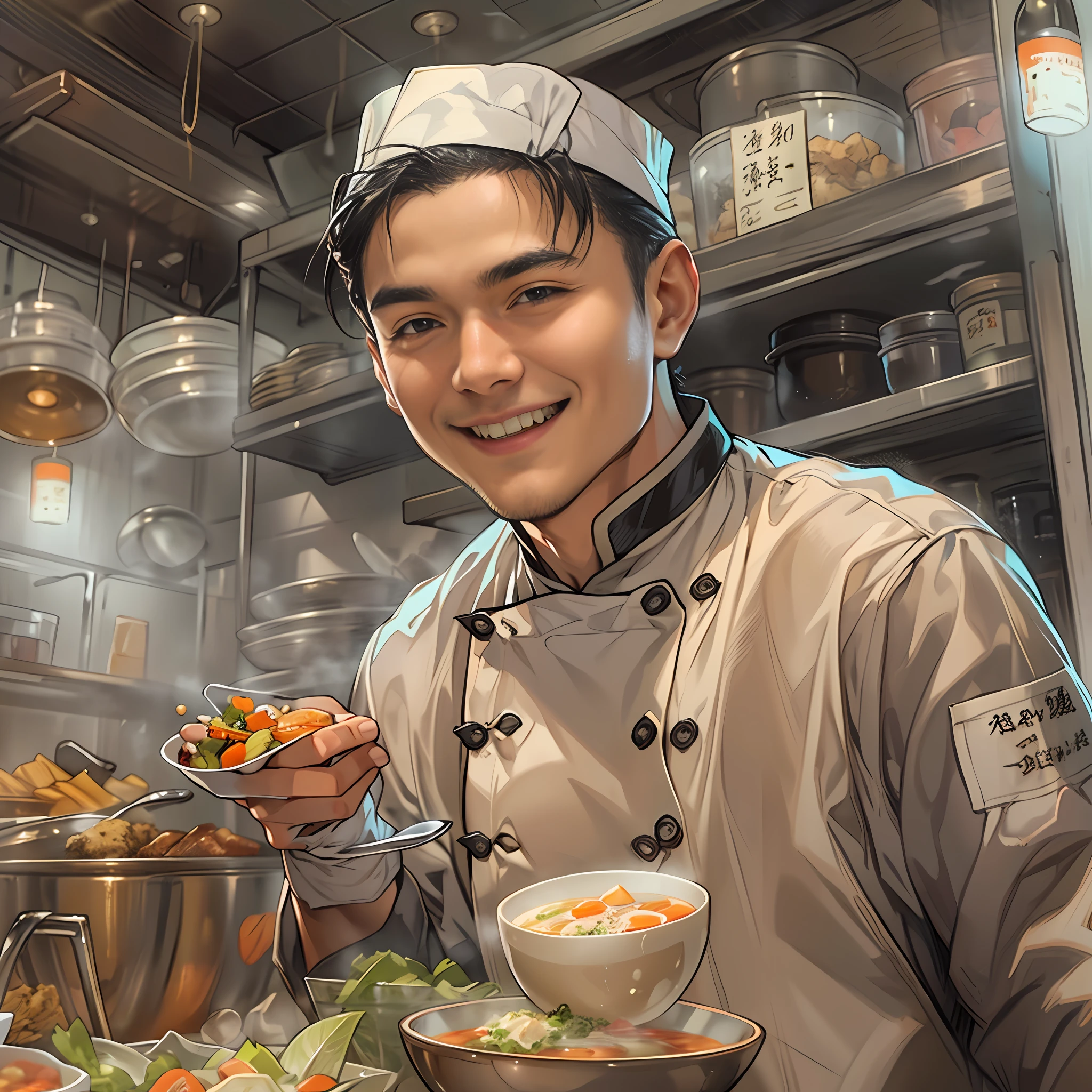 A young handsome male chef stands next to a snack cart,With a smile on his face,Holding a bowl of clear soup in his hand,Detailed close-up of the face,in the style of the stars art group xing xing, 32K, Best quality, Masterpiece, Super detail, High details