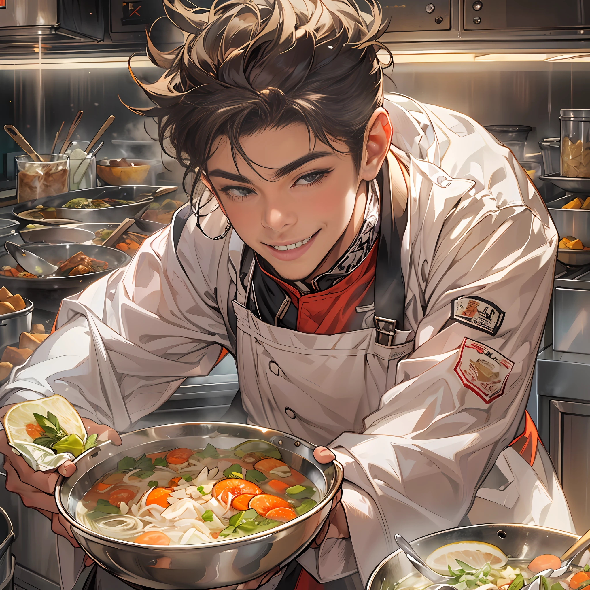 A young handsome male chef stands next to a snack cart，With a smile on his face，Holding a bowl of clear soup in his hand，Detailed close-up of the face，in the style of the stars art group xing xing, 32K, Best quality, Masterpiece, Super detail, High details