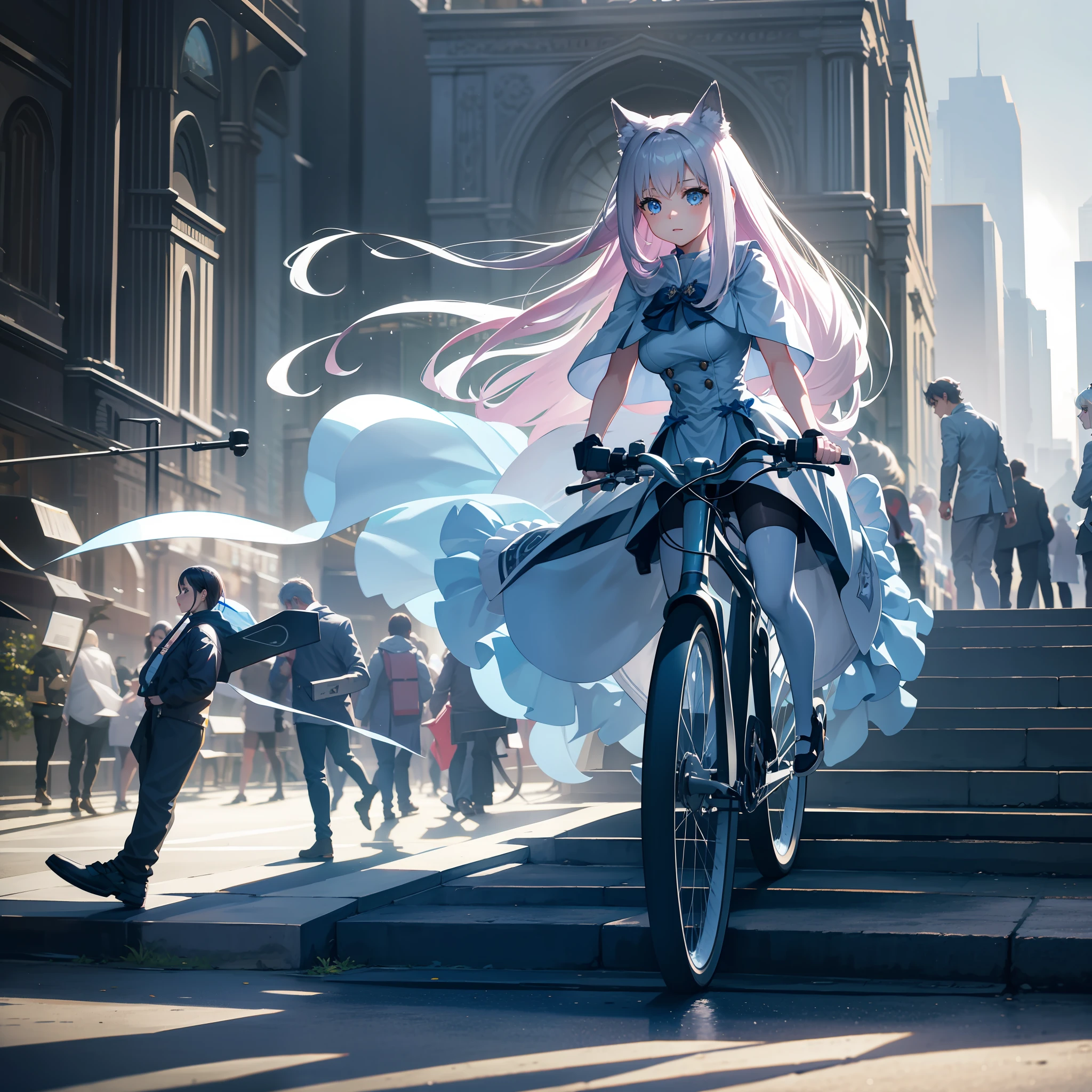 Charming,whaite hair,Light blue eyes A girl dressed in JK gray wolf-like riding a bicycle,Wander around the big cities