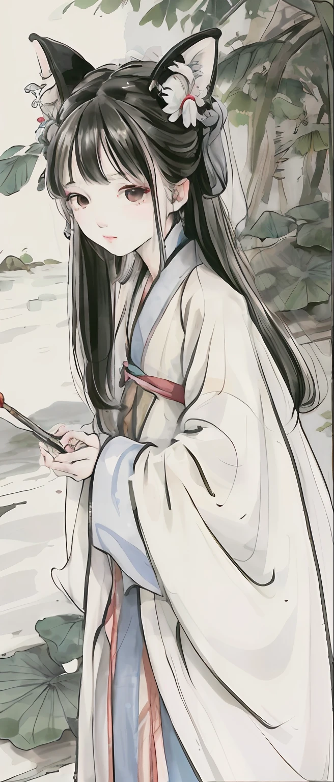 ((4K,Masterpiece,Best quality)), shuimobysim, Traditional Chinese painting, lotuses, Hanfu, maxikit, Dress conservative 1 girl, 独奏, White hair, fox ear, white colors, The fish, lots of fish near the boy, looking at the viewer only,