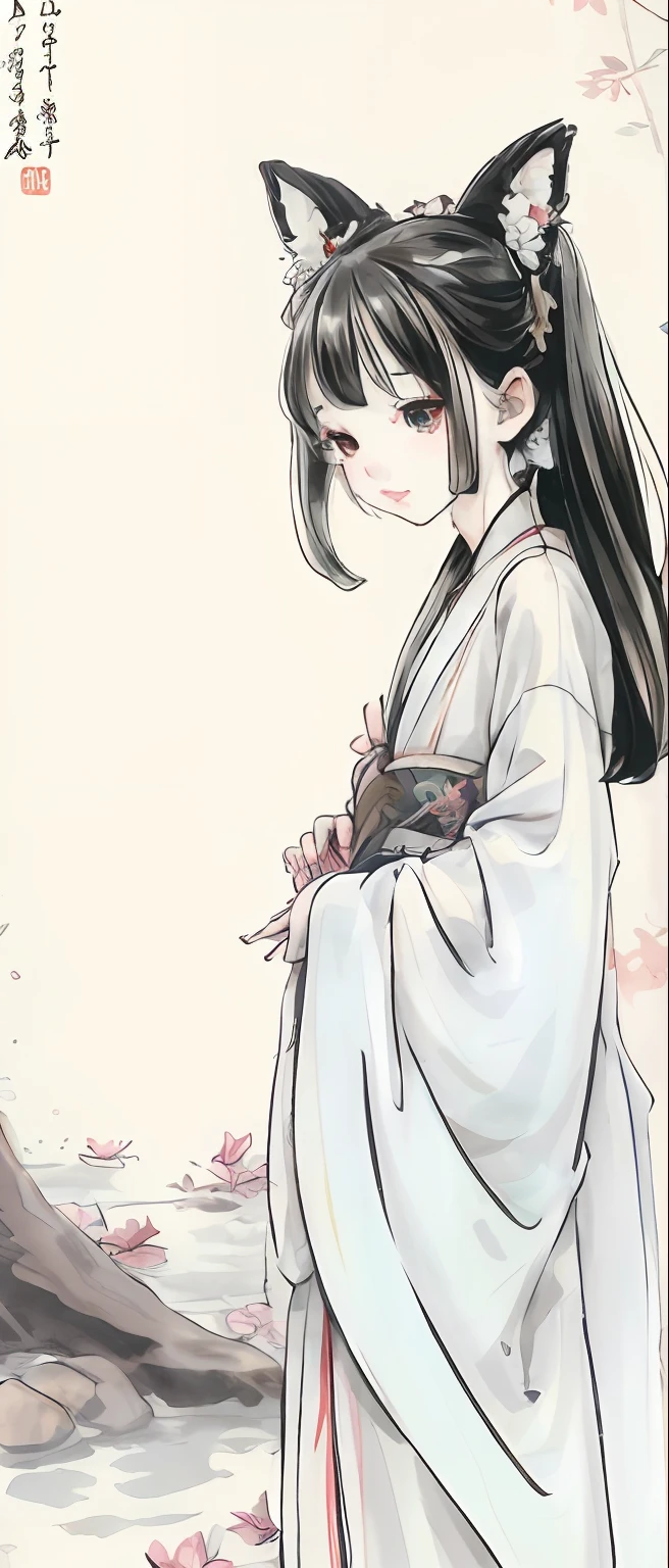 ((4K,Masterpiece,Best quality)), shuimobysim, Traditional Chinese painting, lotuses, Hanfu, maxikit, Dress conservative 1 girl, 独奏, White hair, fox ear, white colors, The fish, lots of fish near the boy, looking at the viewer only,
