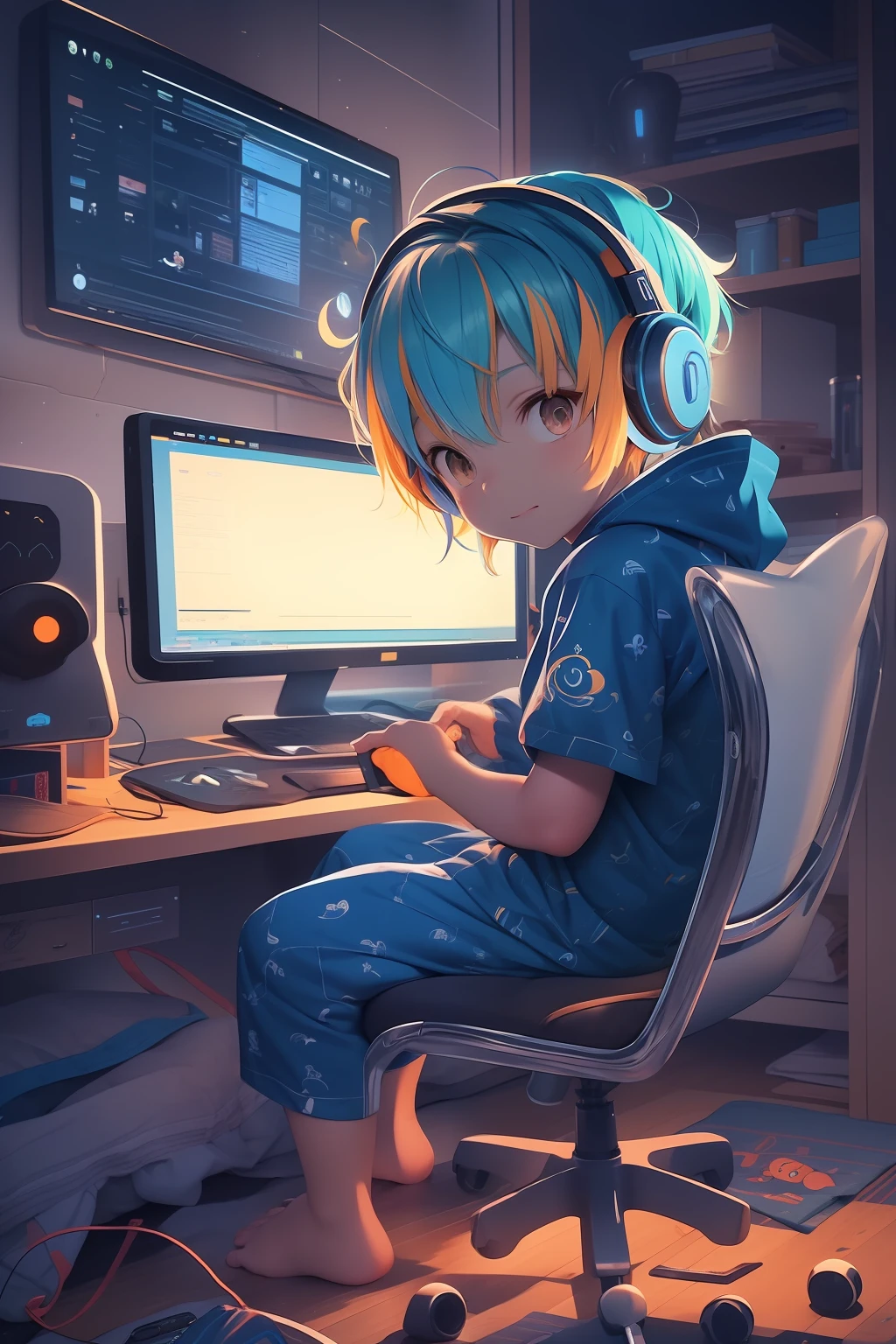 Cute little boy with royal blue hair and orange eyes sitting at his desk playing video games wearing a pajama onesie, gaming, wearing headphones and looking back, night, dark room, child, shota, young, bright monitor, barefoot, feet visible, cute feet, lights off