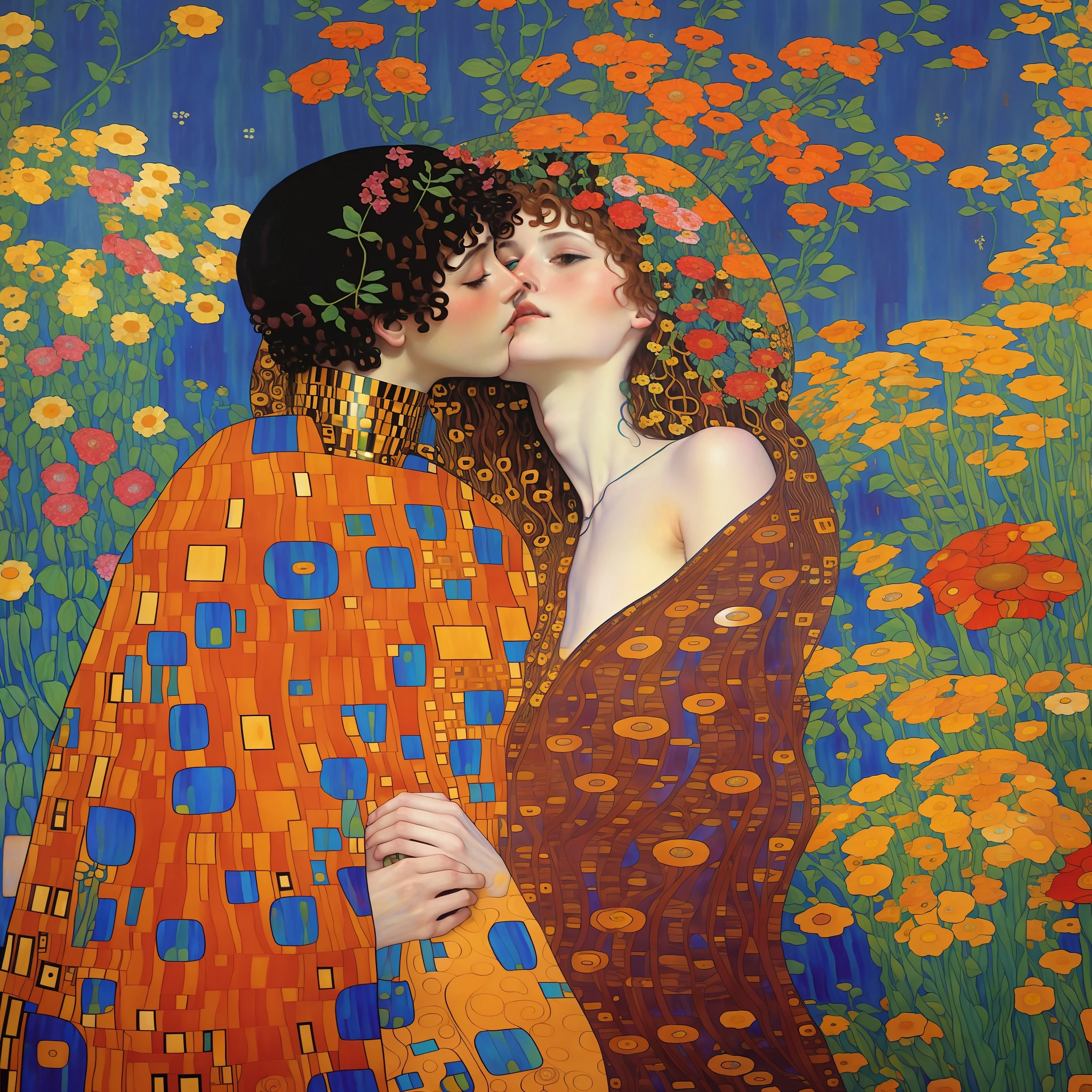 painting of a couple kissing in a field of flowers, gustav klimt style, style of gustav klimt, the kiss, klimt and nixeu, gustav klimt 4k, gustav klimt 4 k, gustav klimt and mel ramos, gustav klimt painting, inspired by Gustav Klimt, mucha klimt