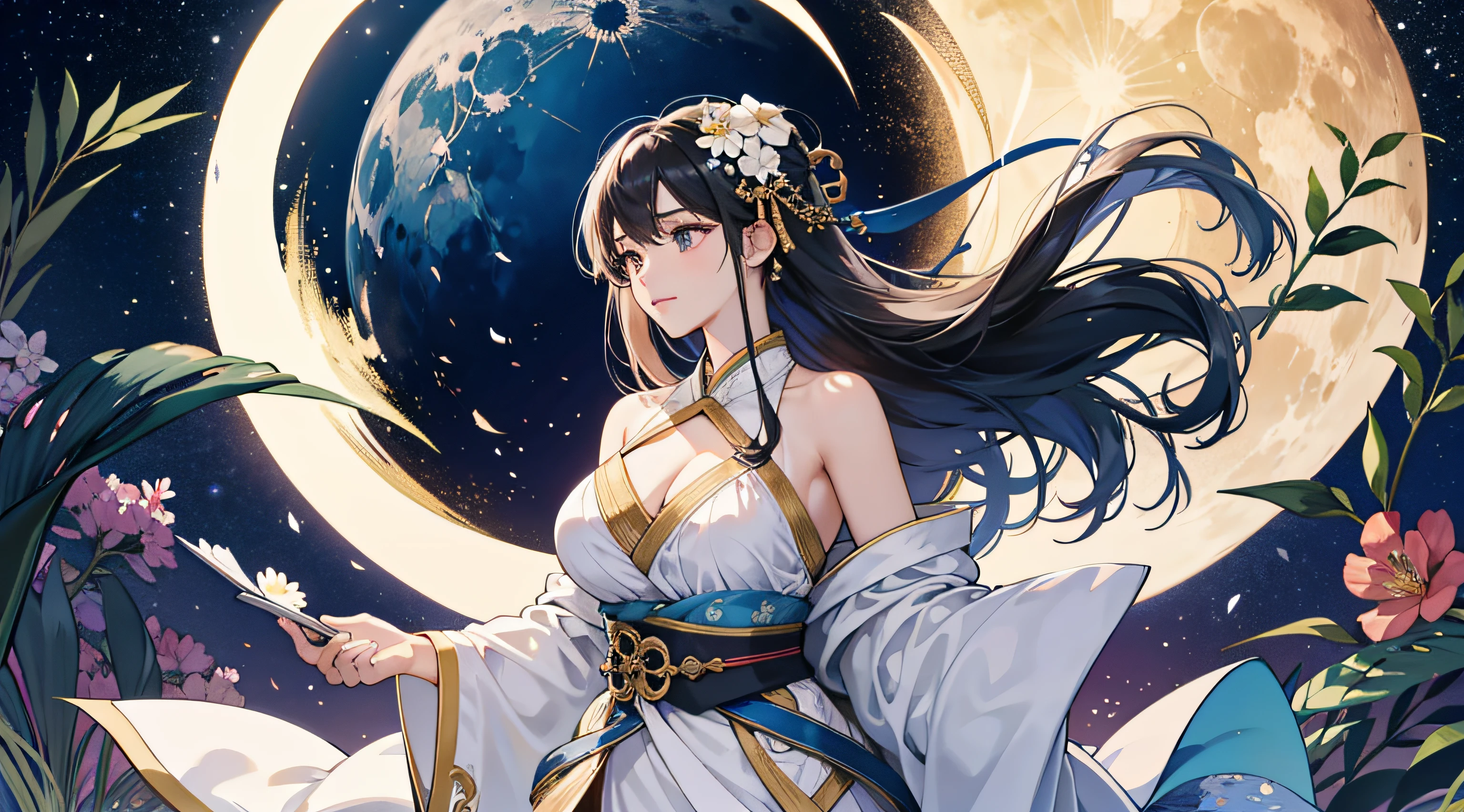 ((best qualtiy)), ((tmasterpiece)) themoon, god of moon, goddes, florals,Hanfu bikini,1girl,huge tit,revealing breasts