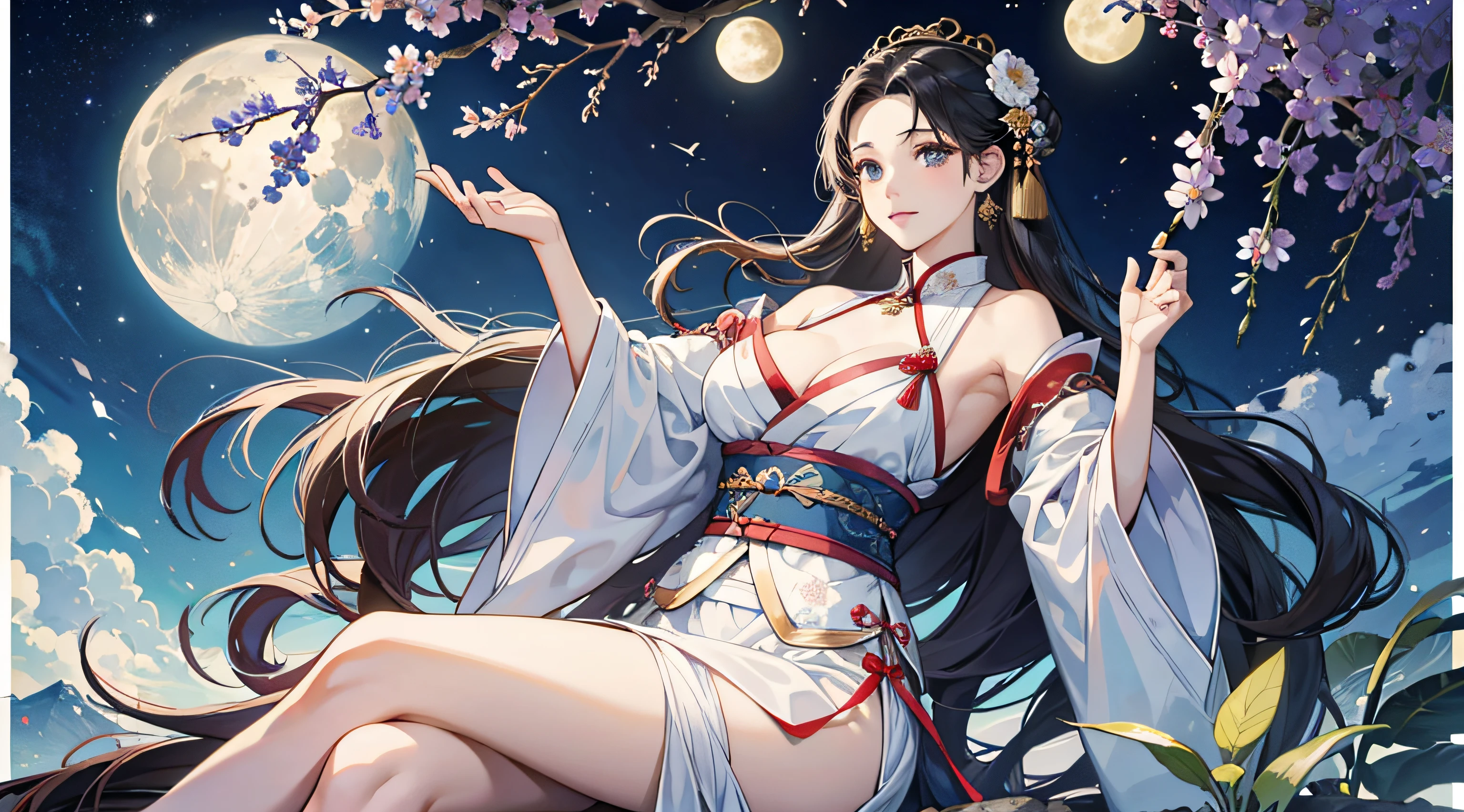 （（best qualtiy））， （（tmasterpiece）） themoon， god of moon， goddes， florals，Hanfu bikini，1girl，huge tit，revealing breasts