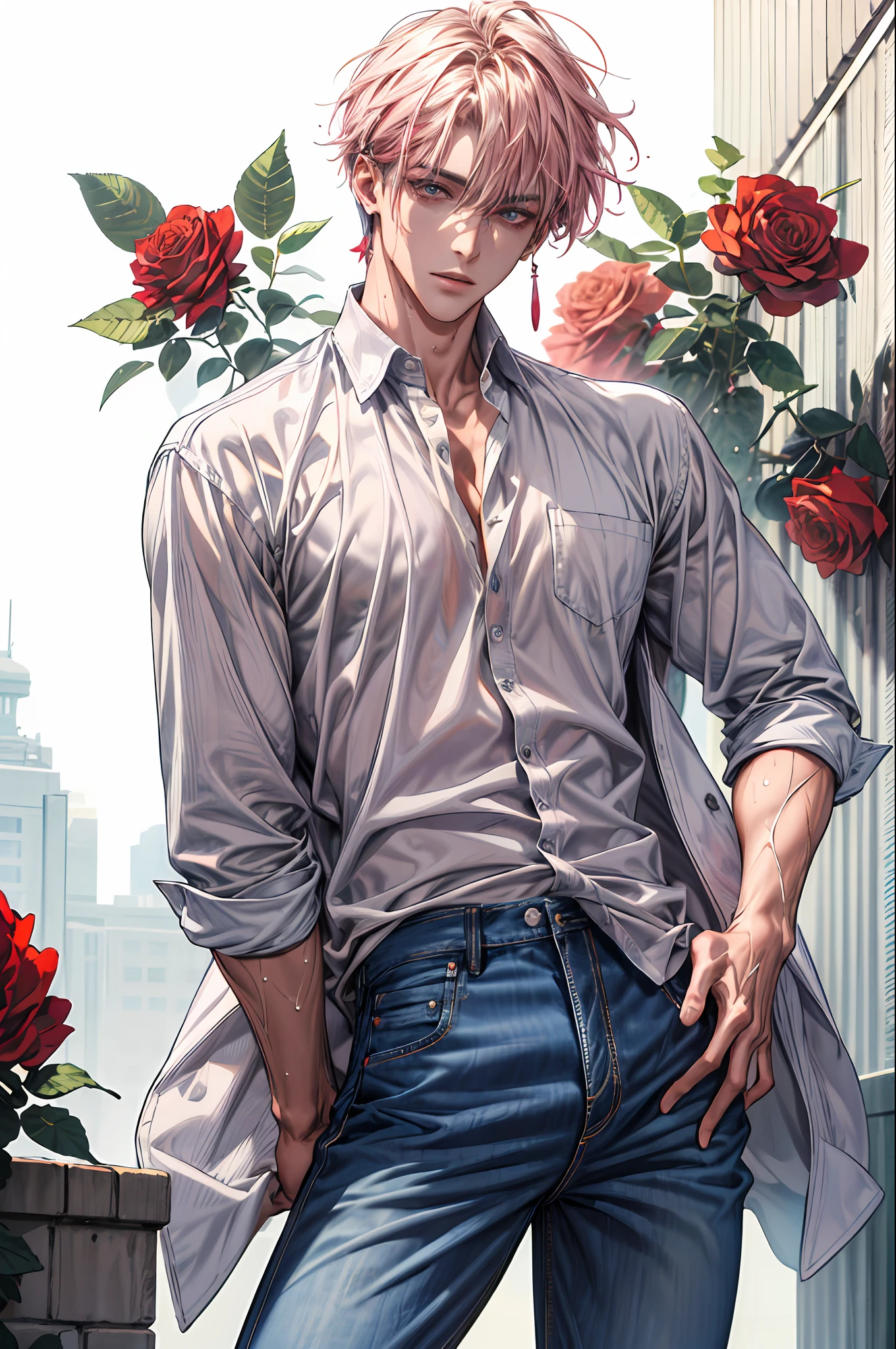 (absurdres, highres, ultra detailed), 1 male, handsome, tall muscular guy, mature, verious red and pink roses around him, jewellery, A man standing on back comfortably in the roses, from directly above, (white shirt, jeans), gorgeous, wet, model pose, colorful, artistic, depth of field, focus on his calm facial features, elegant look