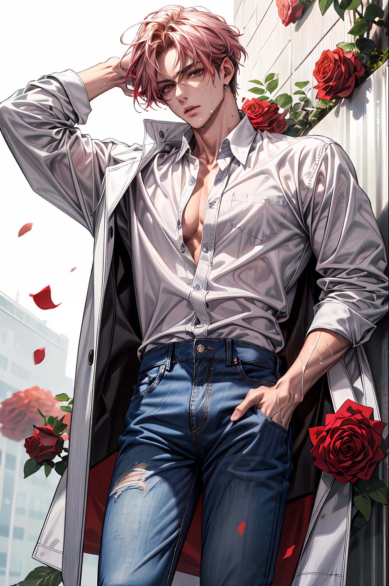 (absurdres, highres, ultra detailed), 1 male, handsome, tall muscular guy, mature, verious red and pink roses around him, jewellery, A man standing on back comfortably in the roses, from directly above, (white shirt, jeans), gorgeous, wet, model pose, colorful, artistic, depth of field, focus on his calm facial features, elegant look