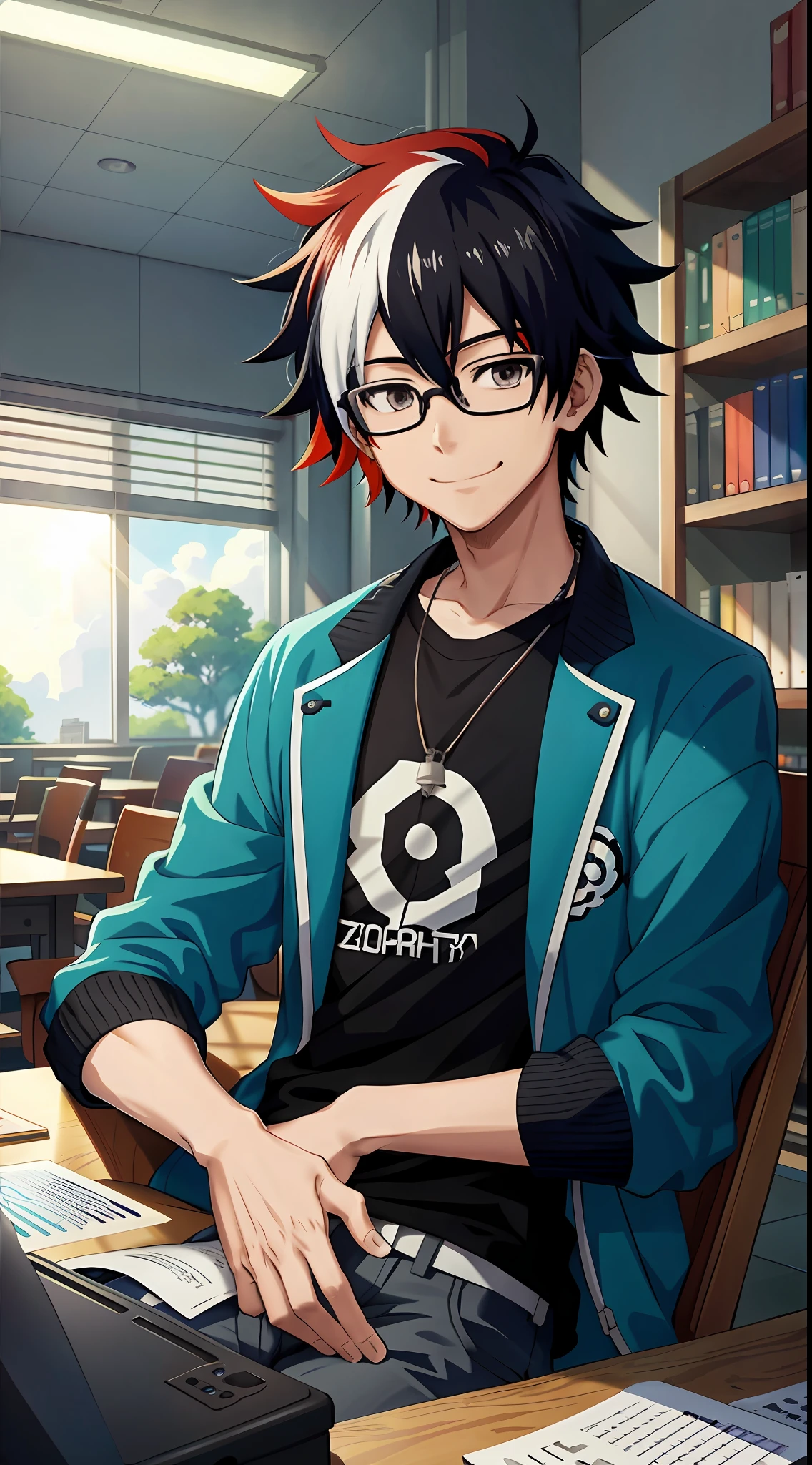 1man, Anime boy, multicolored hair, straight hair, black shirt, jacket, looking at the camera, glasses, inspired by zhong li, makoto shinkai style artwork, drawn in Anime Painter Studio, sit, library, looking at viewer, curly, smile, sunray, vivid