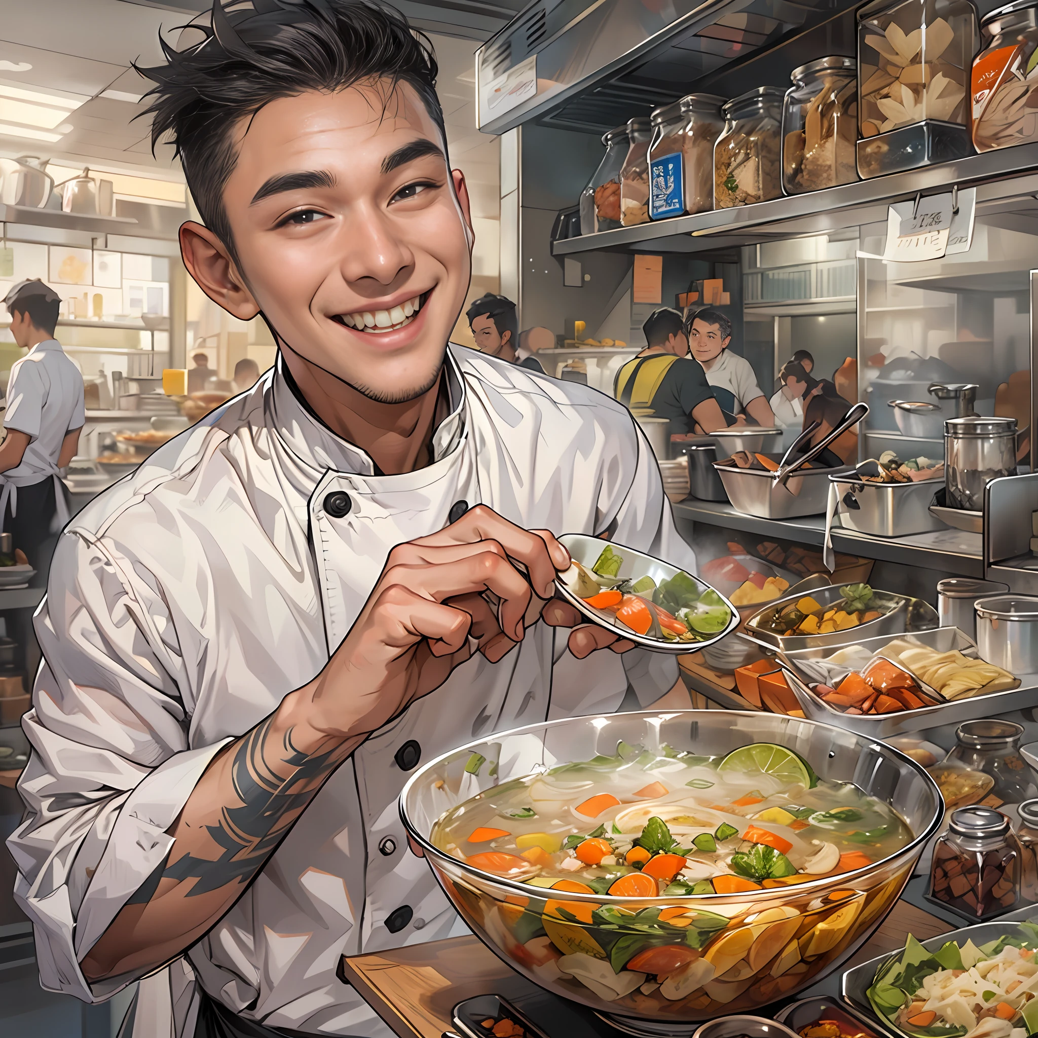A young handsome male chef stands next to a snack cart，With a smile on his face，Holding a bowl of clear soup in his hand，Detailed close-up of the face，in the style of the stars art group xing xing, 32K, Best quality, Masterpiece, Super detail, High details