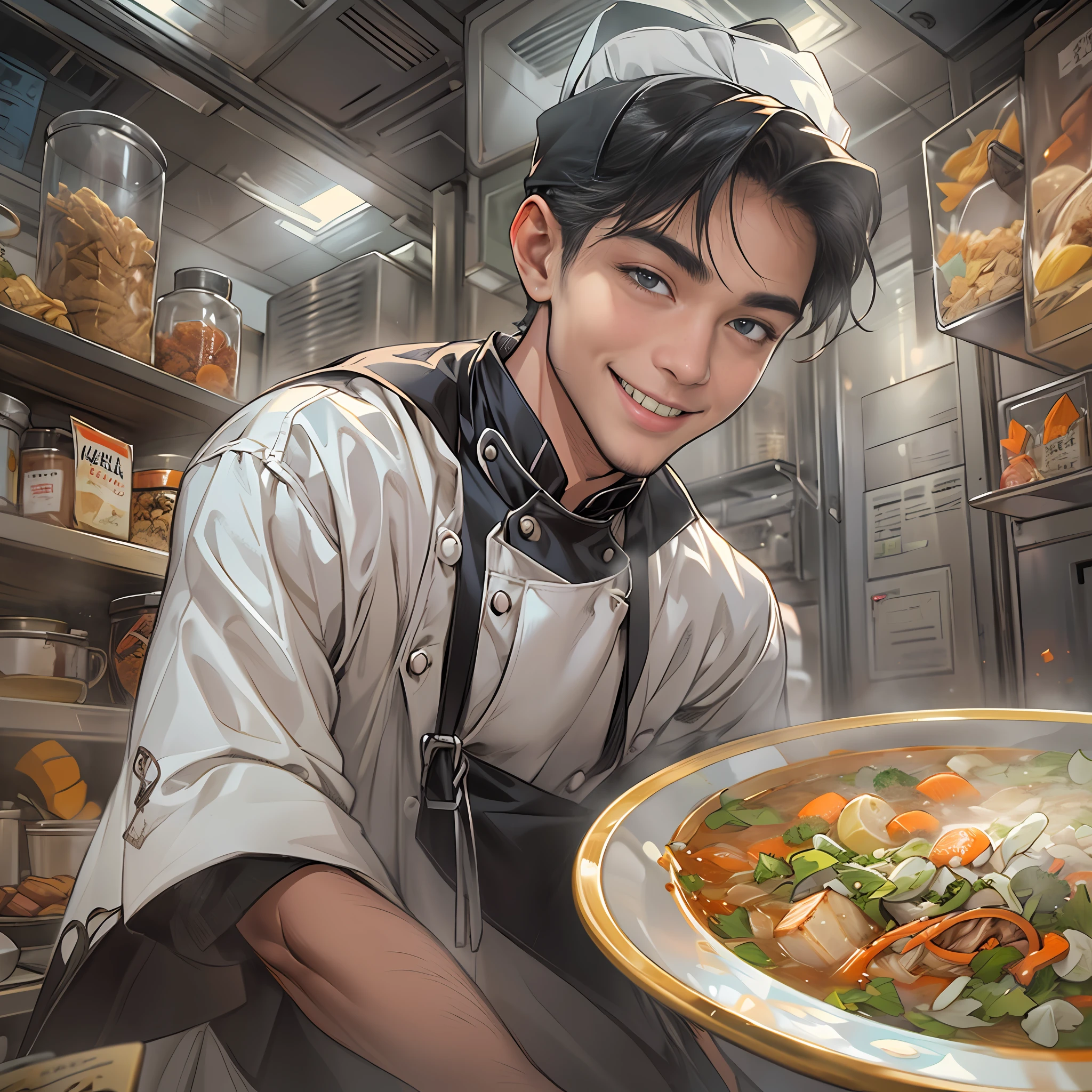 A young handsome male chef stands next to a snack cart,With a smile on his face,Holding a bowl of clear soup in his hand,Detailed close-up of the face,in the style of the stars art group xing xing, 32K, Best quality, Masterpiece, Super detail, High details