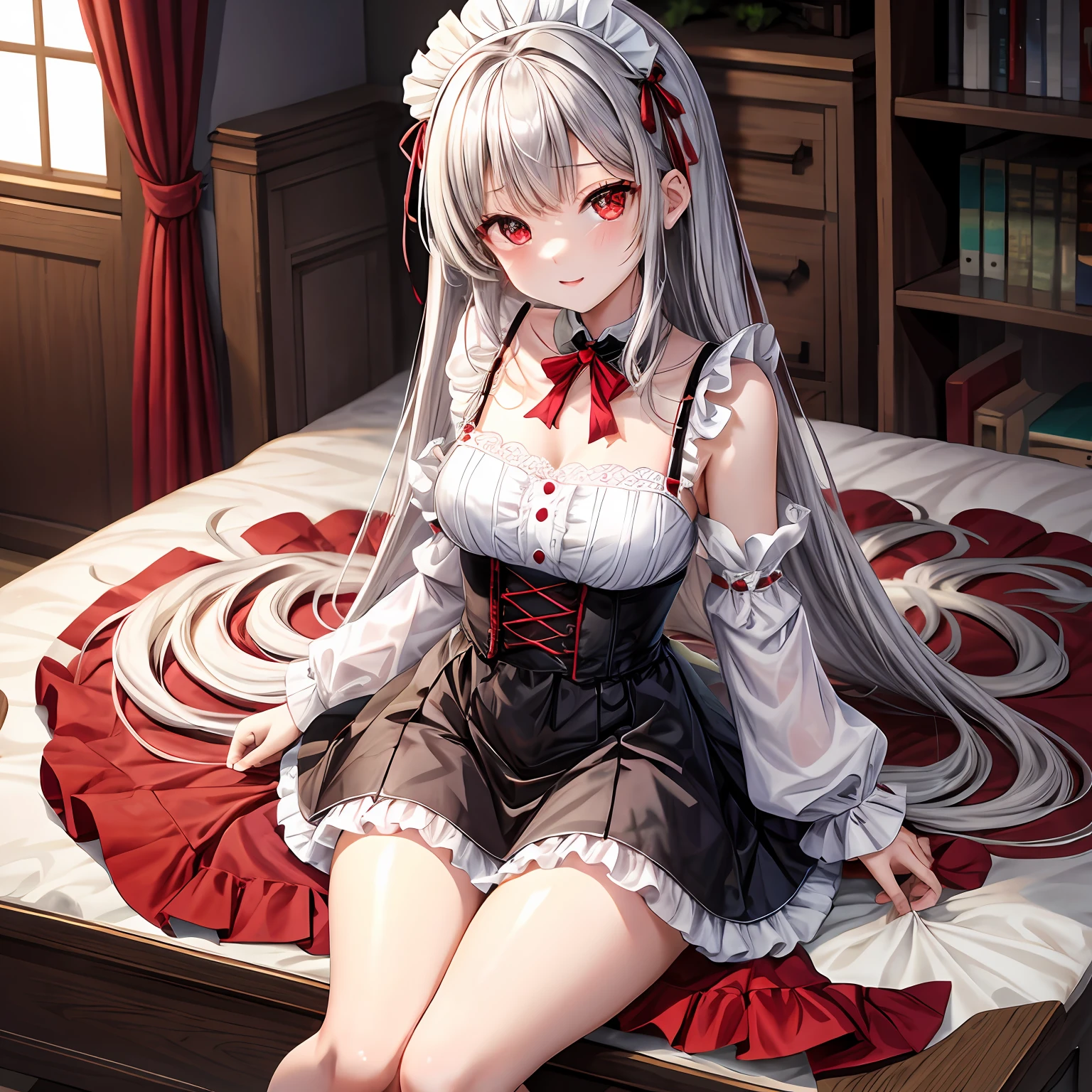 silber hair、red eyes、One pretty girl、独奏、animesque、maid clothes、off shoulders、a miniskirt、A sexy、sitting on