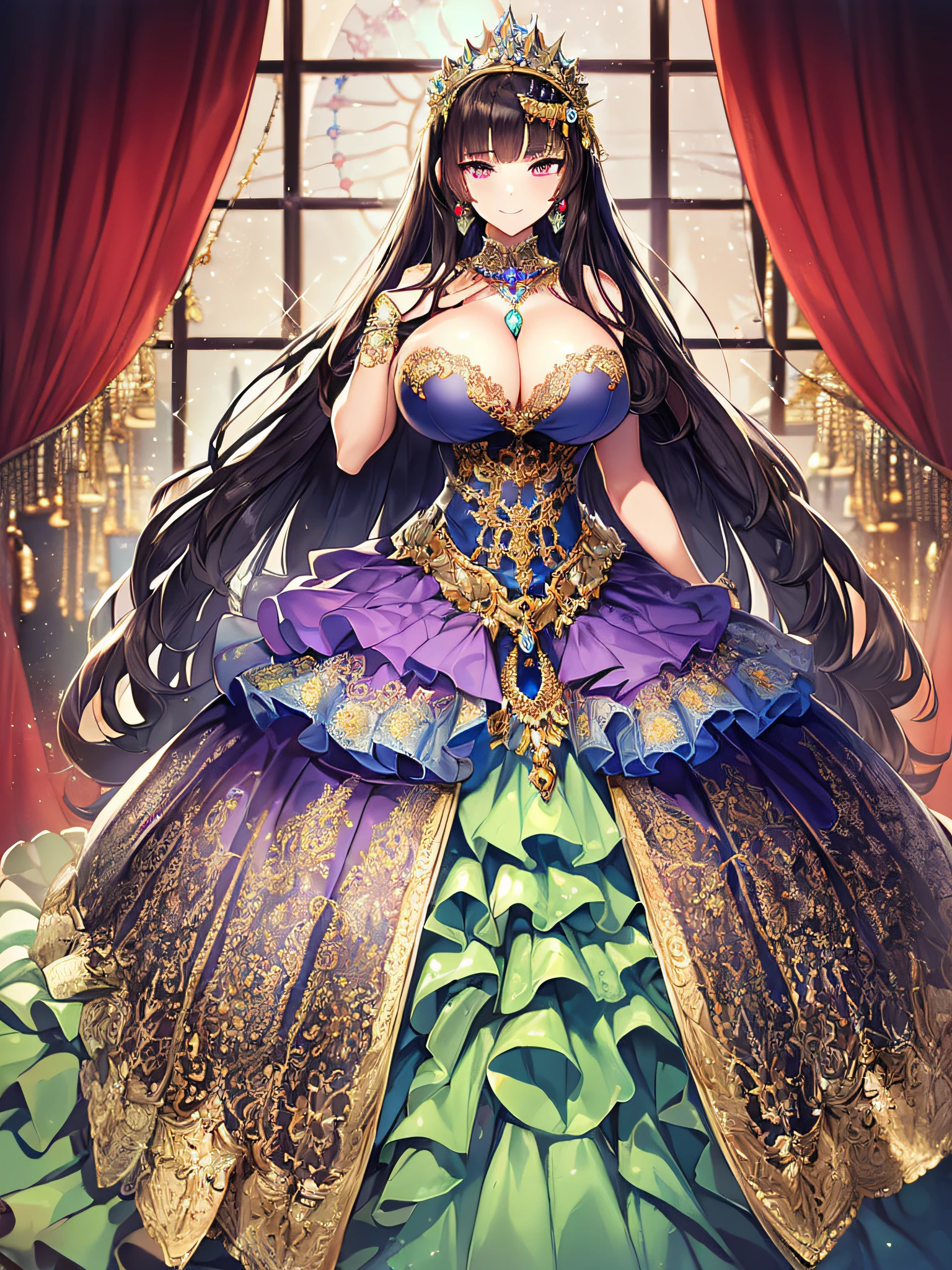 ((anime artstyle)),(Masterpiece),(Best Quality), (Super Detail),((Very Delicate and Beautiful)),((Solo)),((full body)),(((1 noble princess in extremely gorgeous ball gown with beautiful embroidery and jeweled voluminous skirt))),(Gorgeous jewelry ornaments),detailed face and eyes,jewel-like eyes,(seductive smile),((extremely voluminous Very Long Hair,Straight Hair)),((extremely gigantic tits,Long tits)),curvy,skindentation,(gorgeousfull embroidery and lace),gorgeous corsage,See-through,extremely gorgeousfull hair ornament,extremely gorgeousfull glitter jeweled tiara,ornate ruffles,((full body)),((hoop skirt,crinoline)),Dynamic Angle,Looking at viewer,(((extremely gorgeous ball gown with beautiful embroidery and jeweled voluminous skirt)),full body