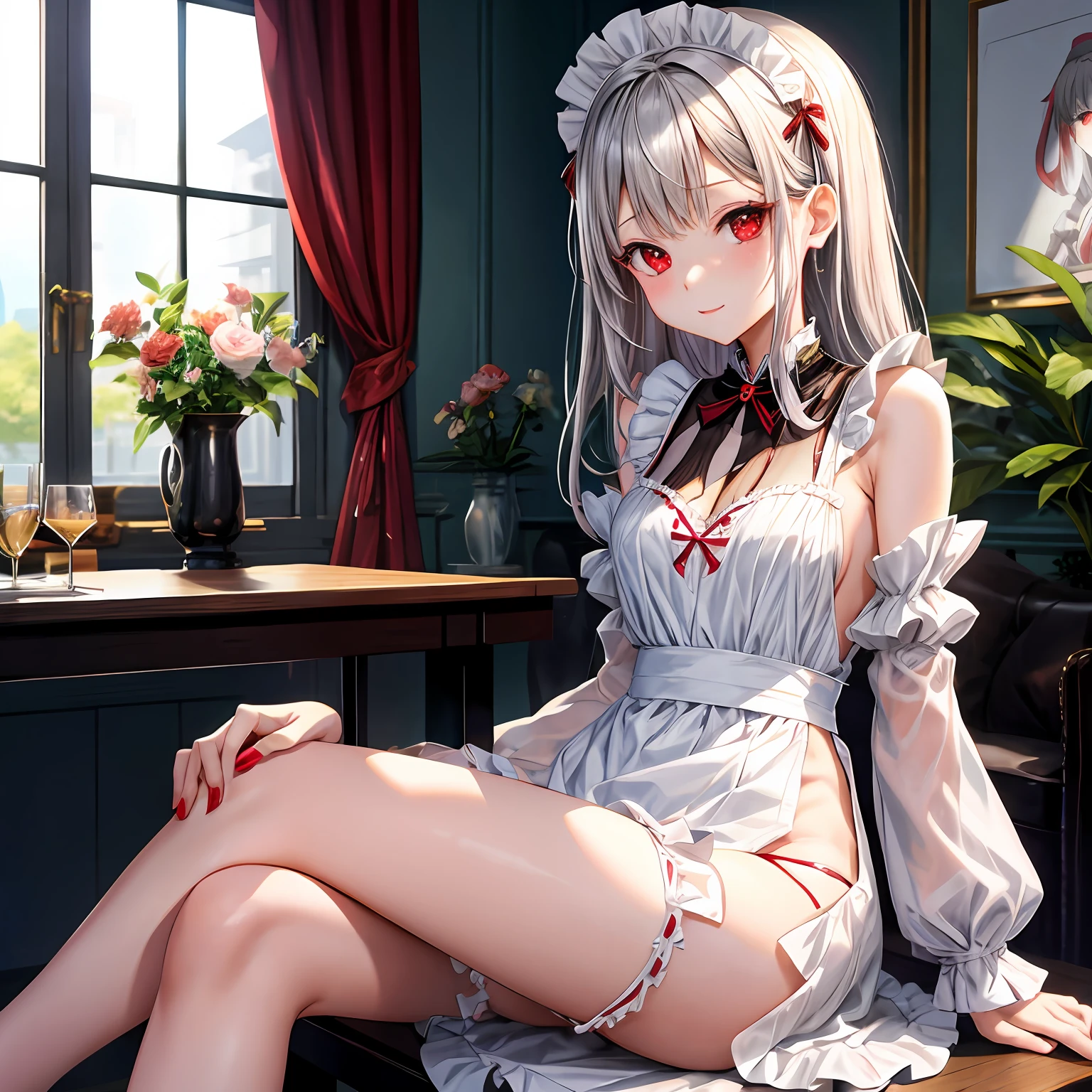 silber hair、red eyes、One pretty girl、独奏、animesque、maid clothes、off shoulders、a miniskirt、A sexy、sitting on